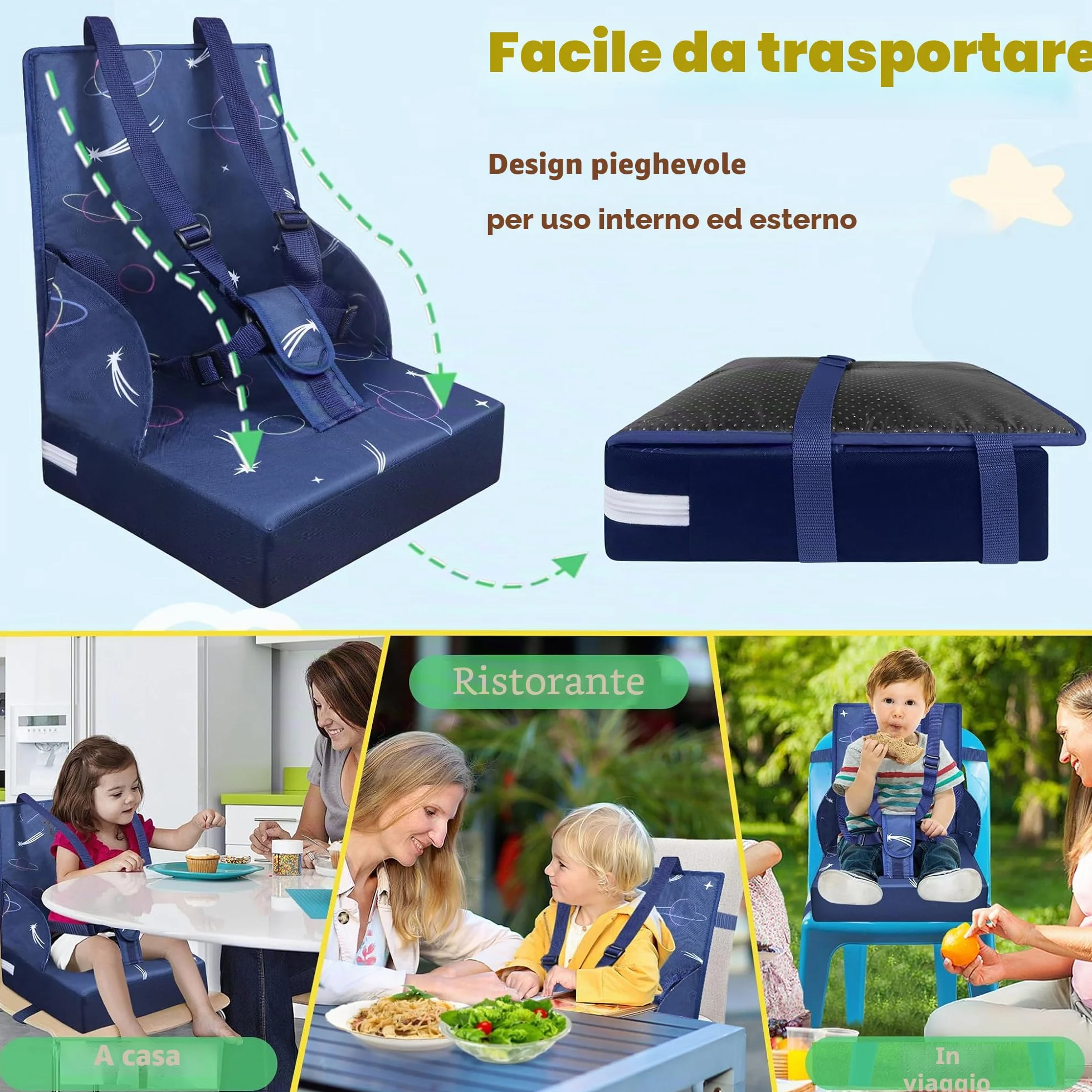 Sedia per bambini portatile con cintura di sicurezza regolabile antiscivolo lavabile blu