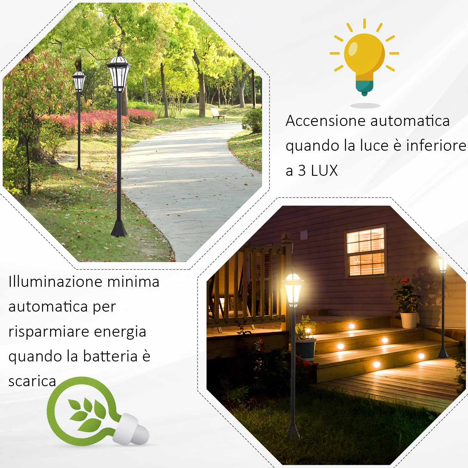 Outsunny Set 2 Lampioni Solari da Giardino, Luci da Esterno Solari con 2 LED, Accensione Automatica e Durata 6 Ore, Nero