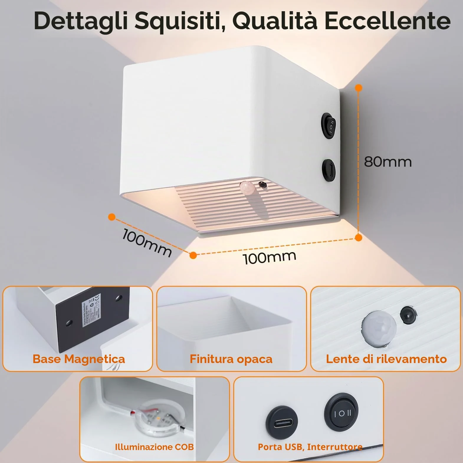 FUPE Applique da Parete Interno con Sensore di Movimento,Applique da Parete a Batteria da 4000 mAh con Telecomando,3 Colori Regolabile in Luminosità,Senza Fili,USB Ricaricabile,Bianco 2 Pezzi