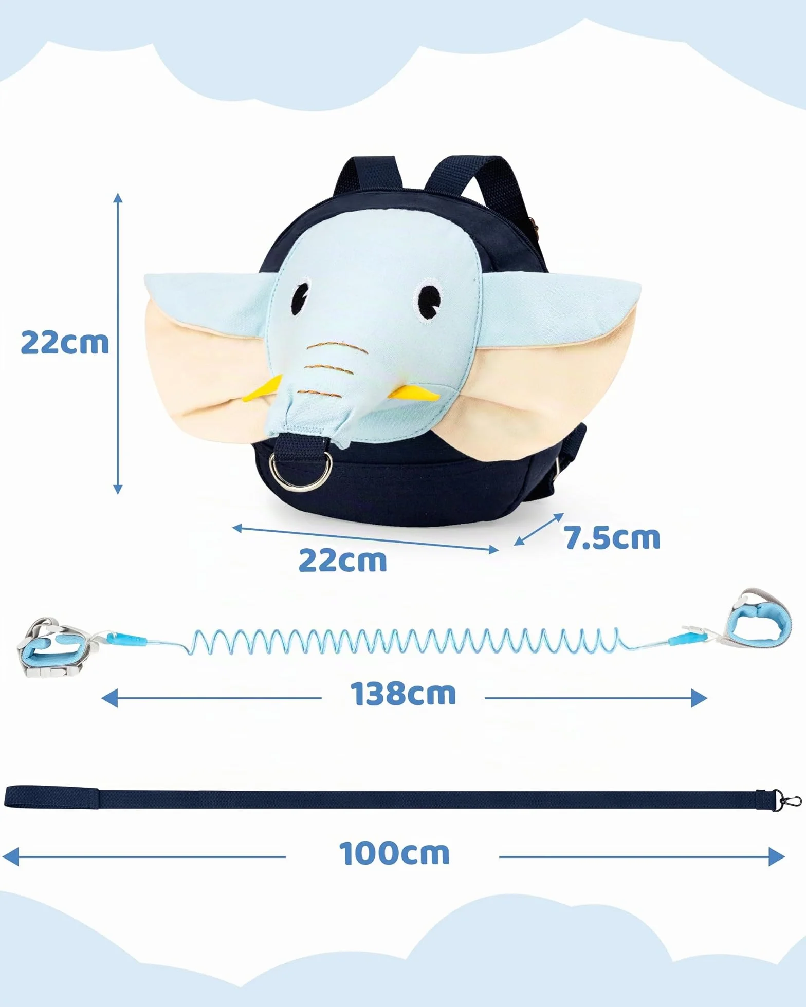 3 in 1 Regolabile Guinzaglio Zaino per Bambini con Guinzaglio Anti-smarrimento da Polso, Sicuro per 1-3 Anni, Blu