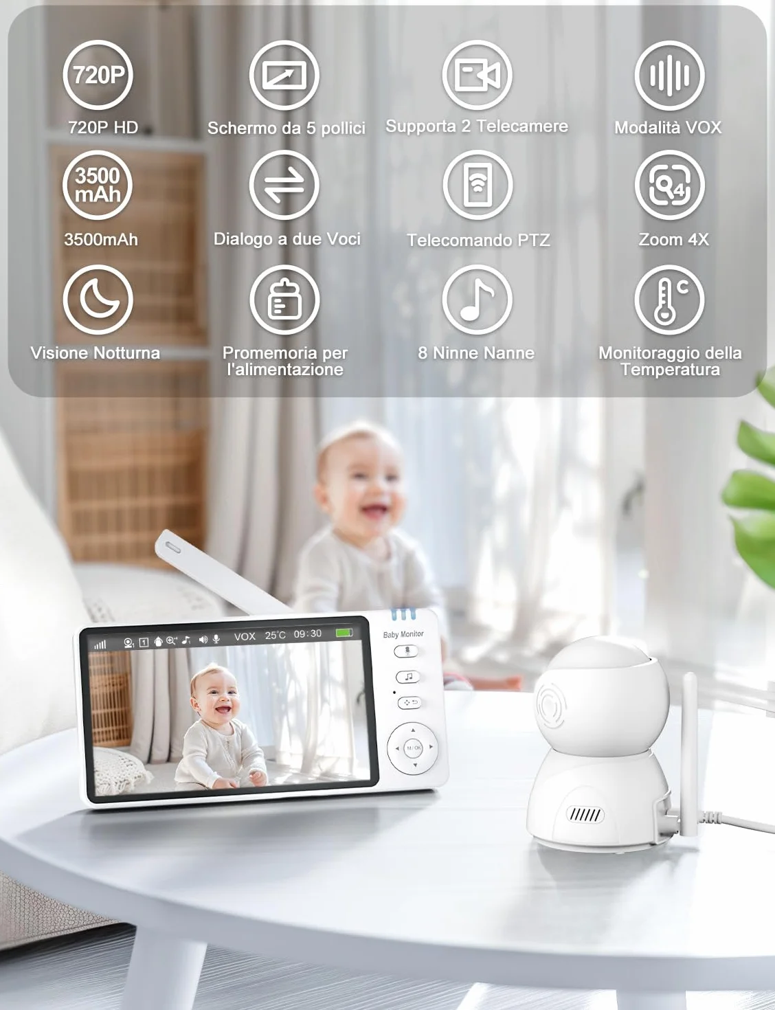 Baby Monitor Video e Audio, Babyphone 5 Pollici 720P HD Zoom Digitale, VOX, Visione Notturna, Monitoraggio Temperatura