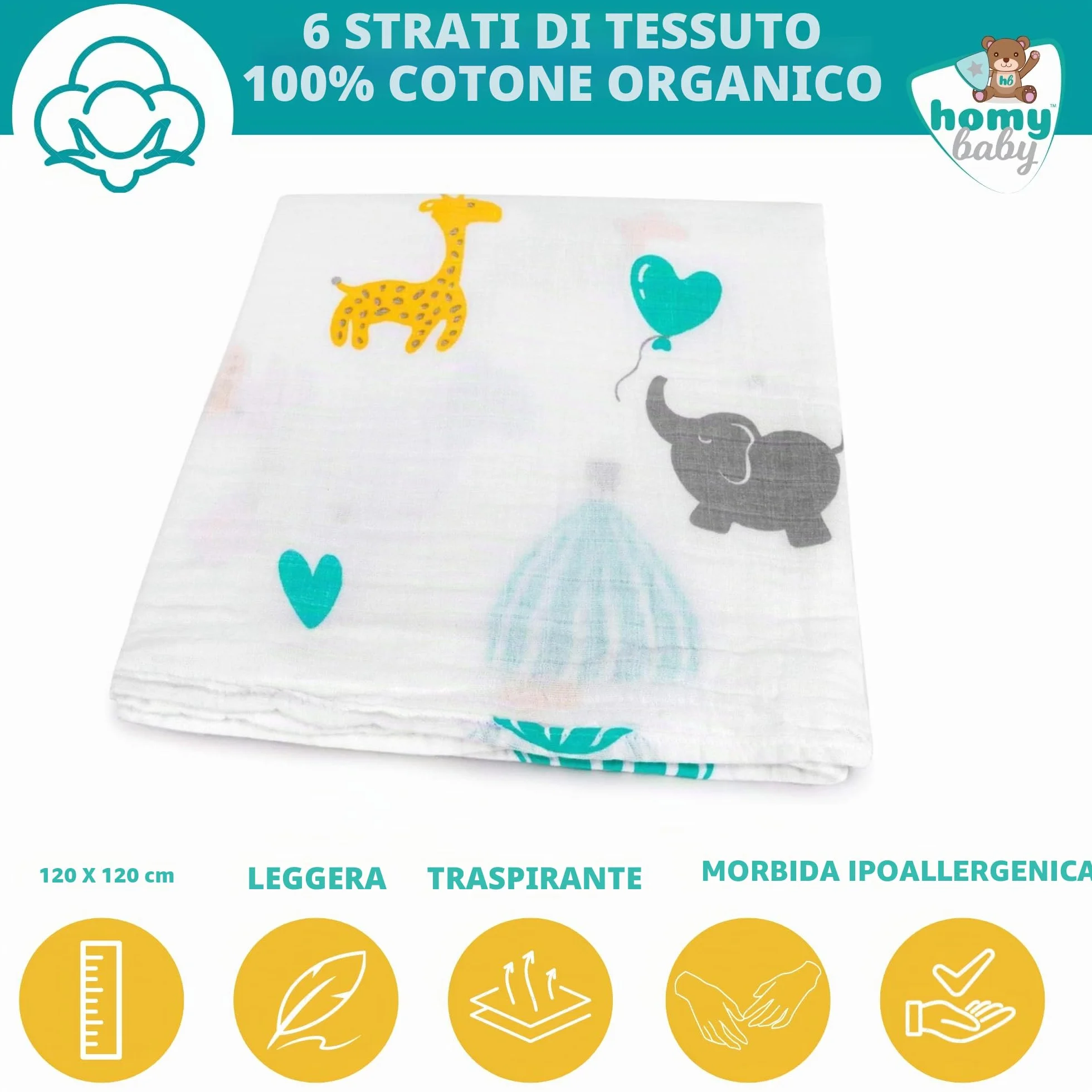 HOMYBABY® Mussola Bebe Cotone Biologico 120x120 - Coperta Neonato Salvietta Mantita