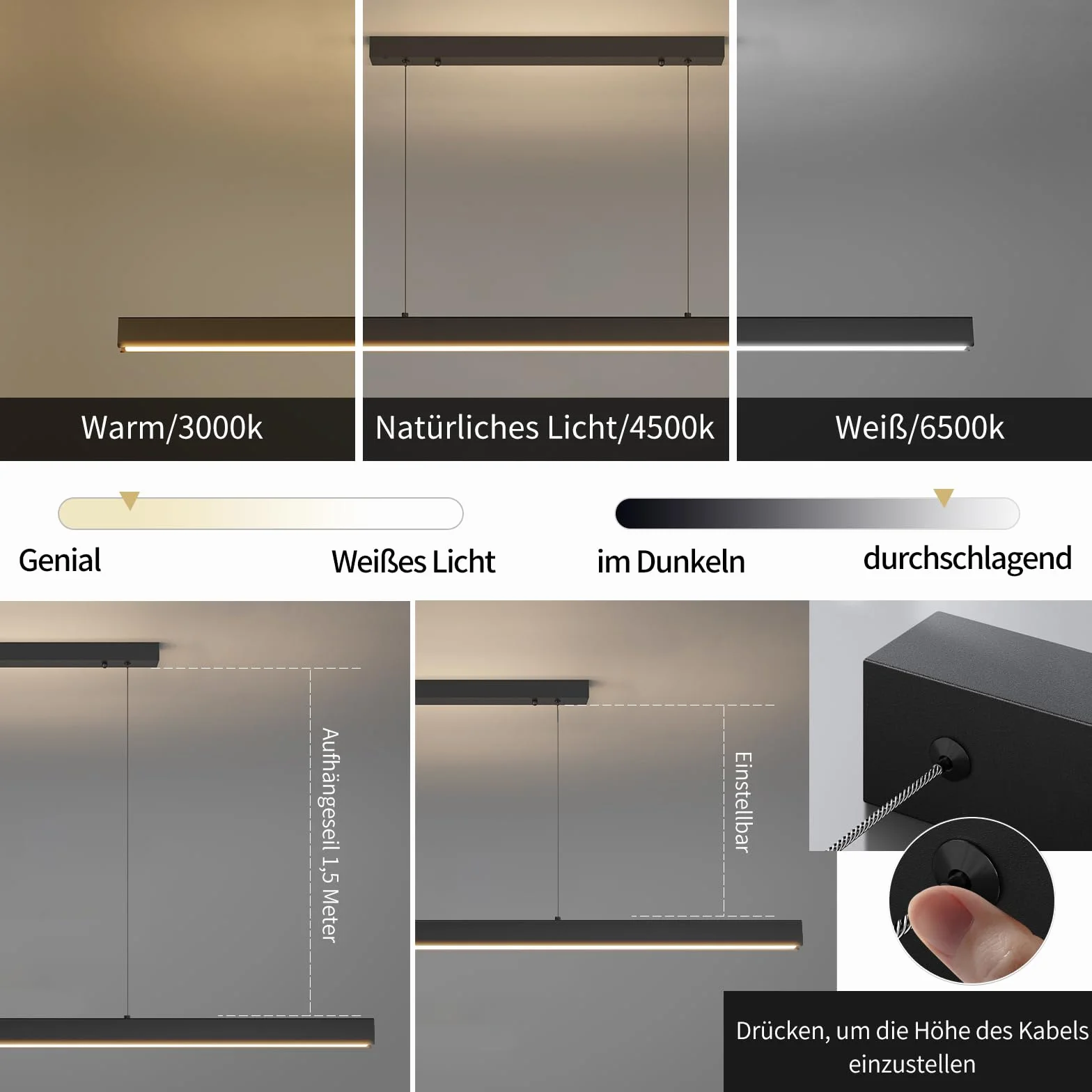 Mikeru Lampada a Sospensione da Tavolo da Pranzo, 120cm Moderna Lineare a LED 10%-100% Dimmerabile 3000/4500/6000k 3 Colori Lampadario LED Sospensione Dimmerabile per Sala Da Pranzo, Soggiorno