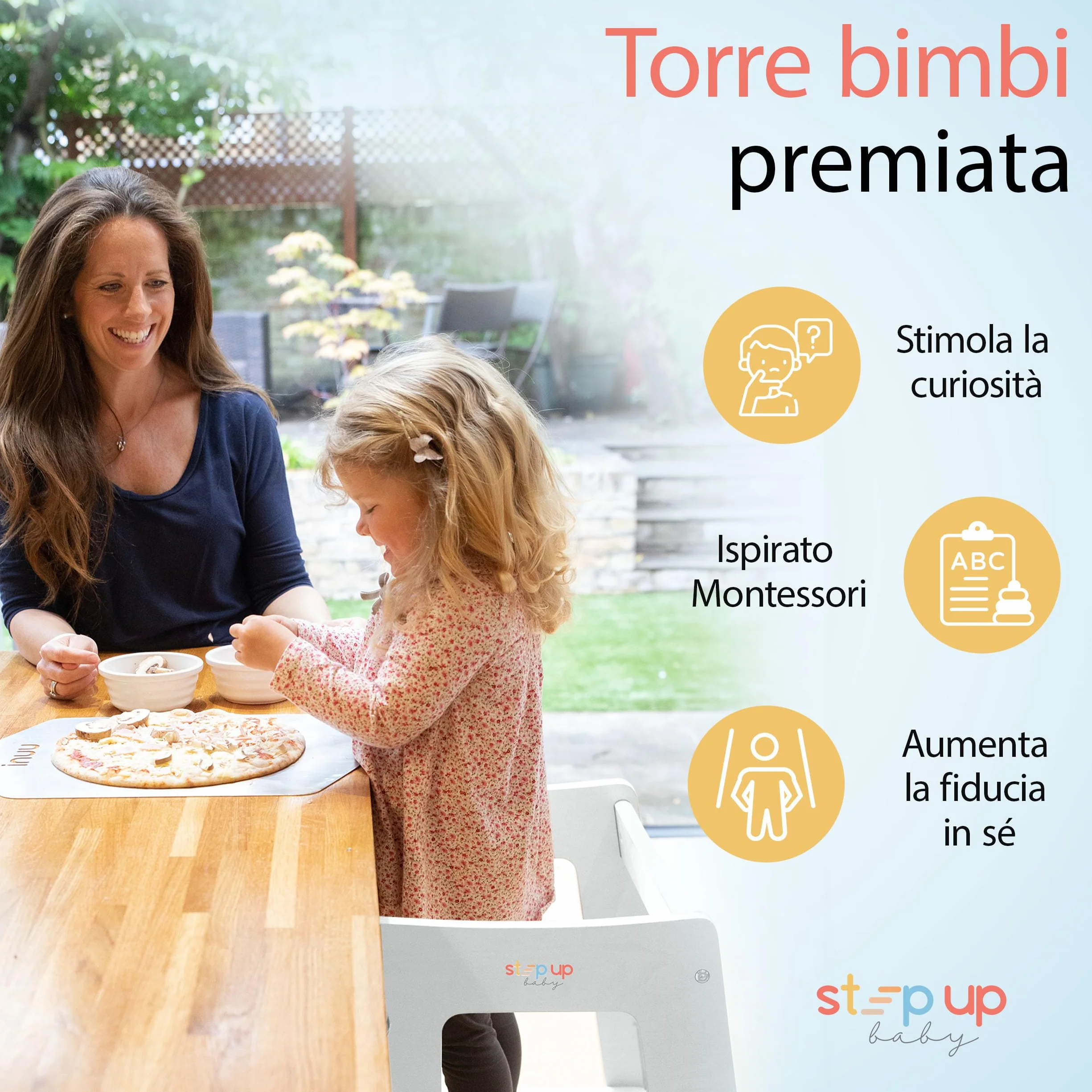 Stepup Baby Torre Montessoriana 3 Altezze Regolabili Torre di Apprendimento Ringhiera Sicurezza Bianco
