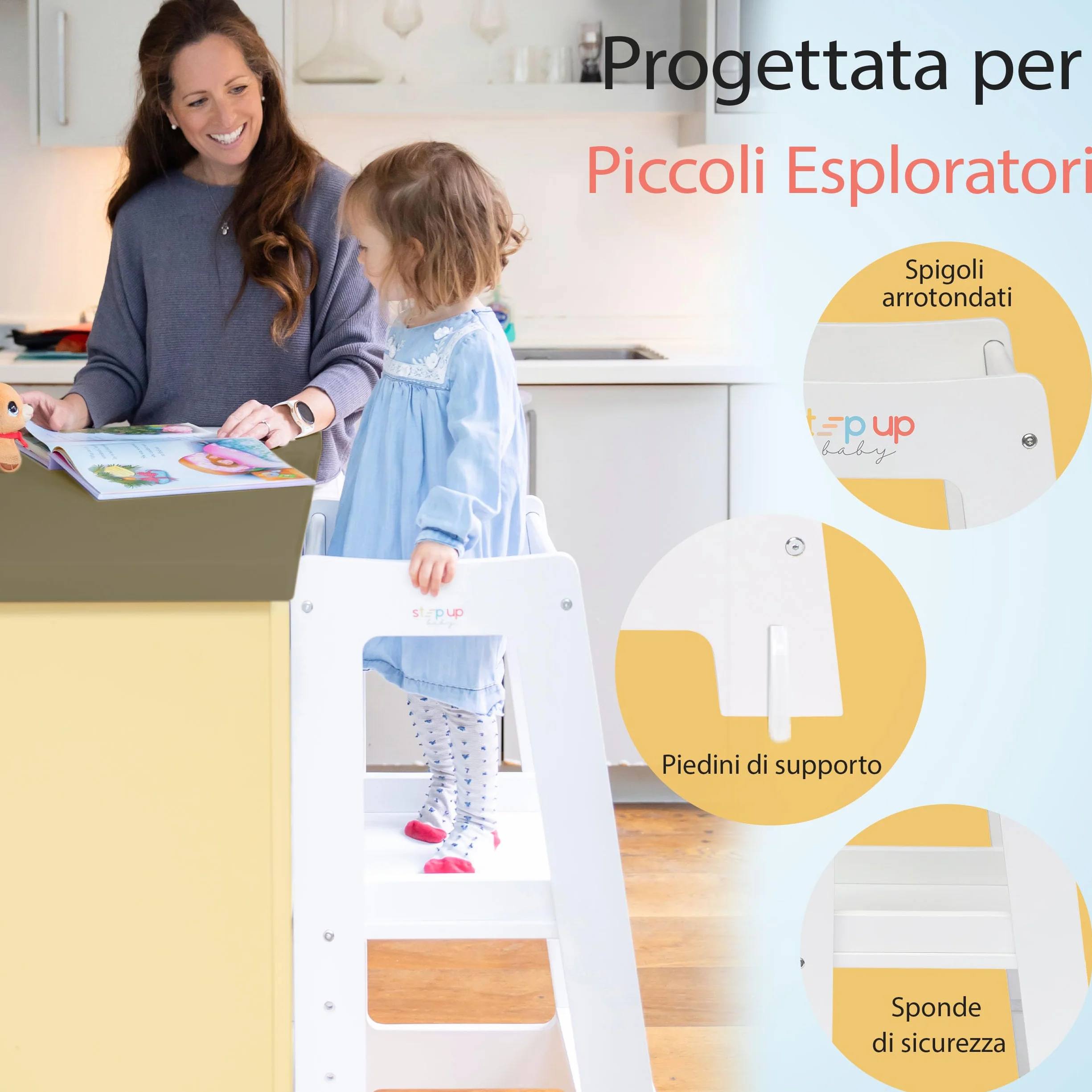 Stepup Baby Torre Montessoriana 3 Altezze Regolabili Torre di Apprendimento Ringhiera Sicurezza Bianco