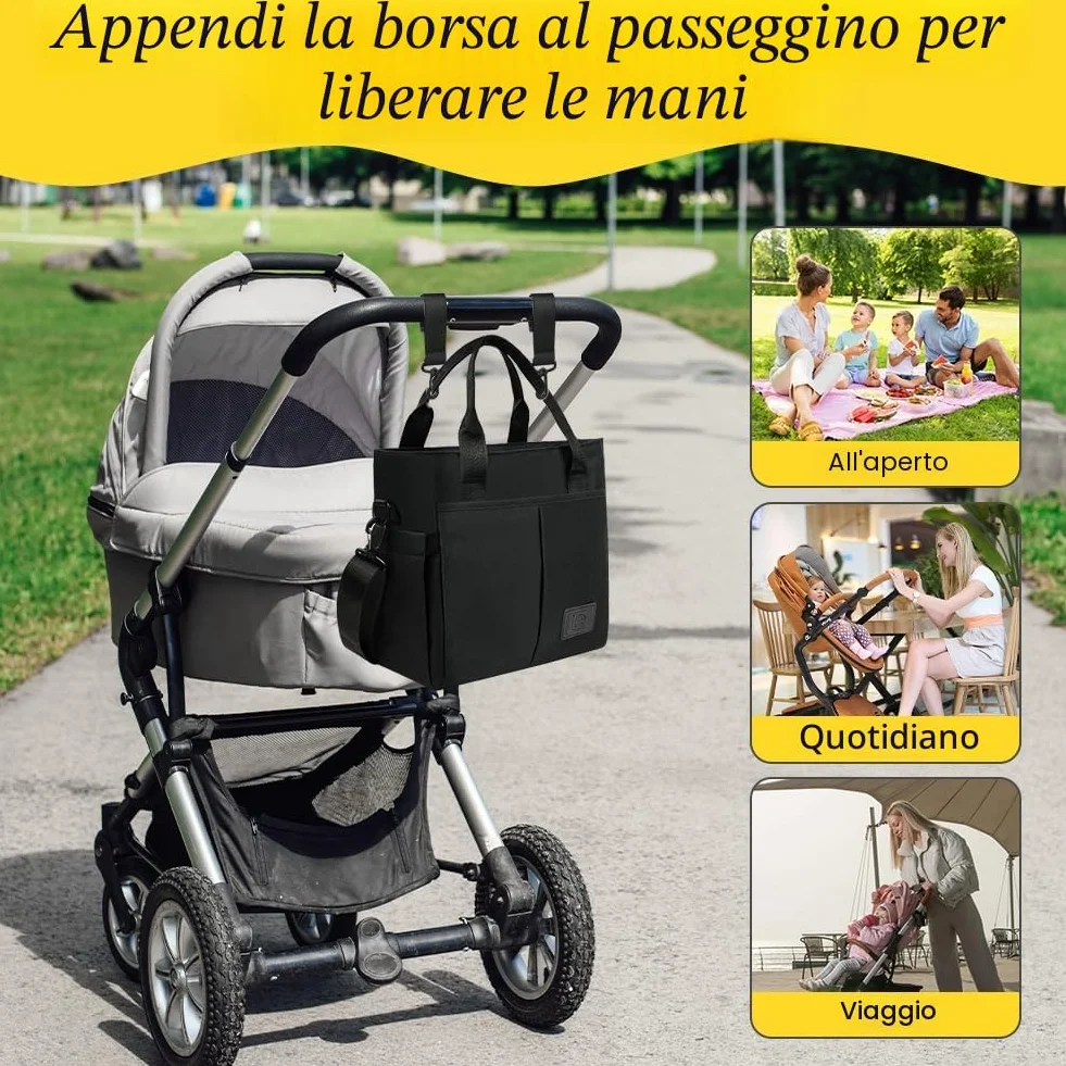 Aolso Borsa Fasciatoio per Neonato, Grande Capacità Impermeabile, Borsa Pannolini Viaggio Ganci Passeggino, Nero