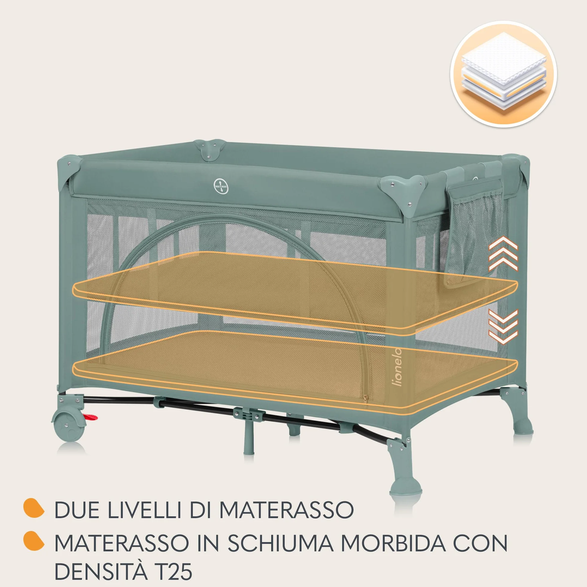 Lionelo LAURA Lettino da viaggio 2 in 1 fino a 15 kg per bambini 0-36 mesi Materassino in schiuma T25 2 livelli altezza Borsa viaggio Ruote con freno