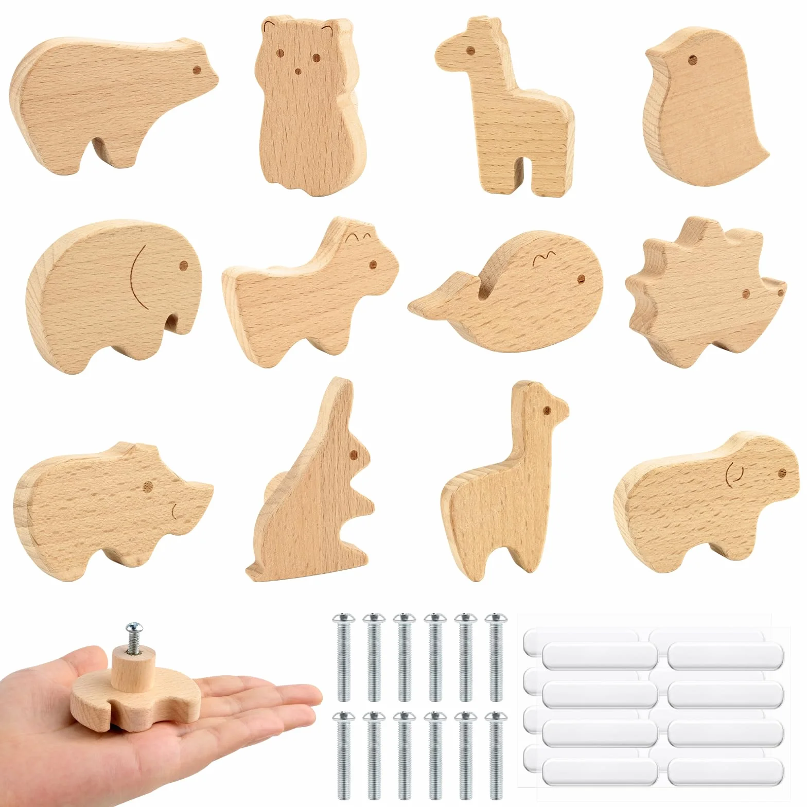Pomelli per Mobili Bambini, Maniglie Armadio in Legno con Motivi Animali, 12 Pezzi