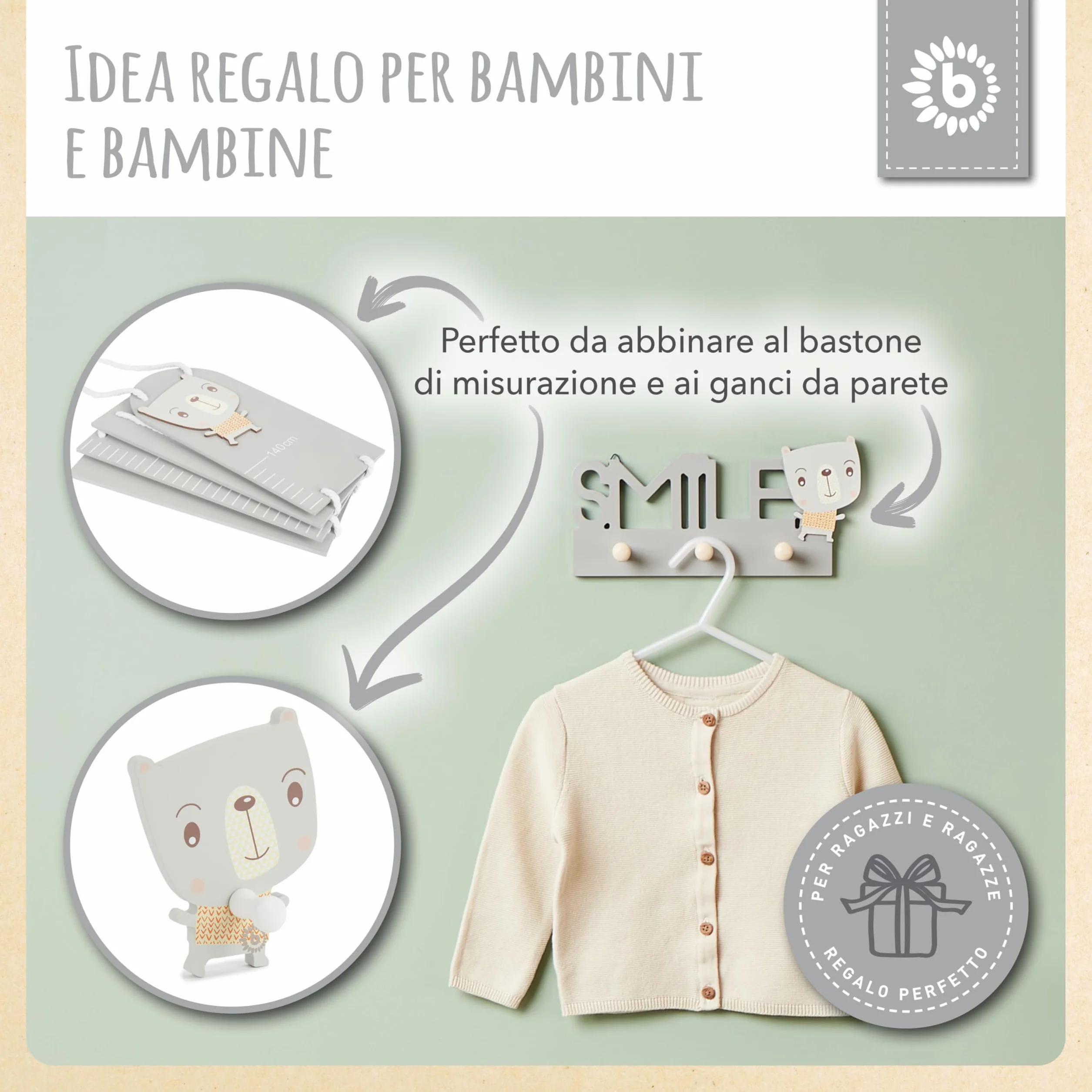 Bieco Smile Gancio appendiabiti per bambini in legno 25 cm 3 ganci da parete