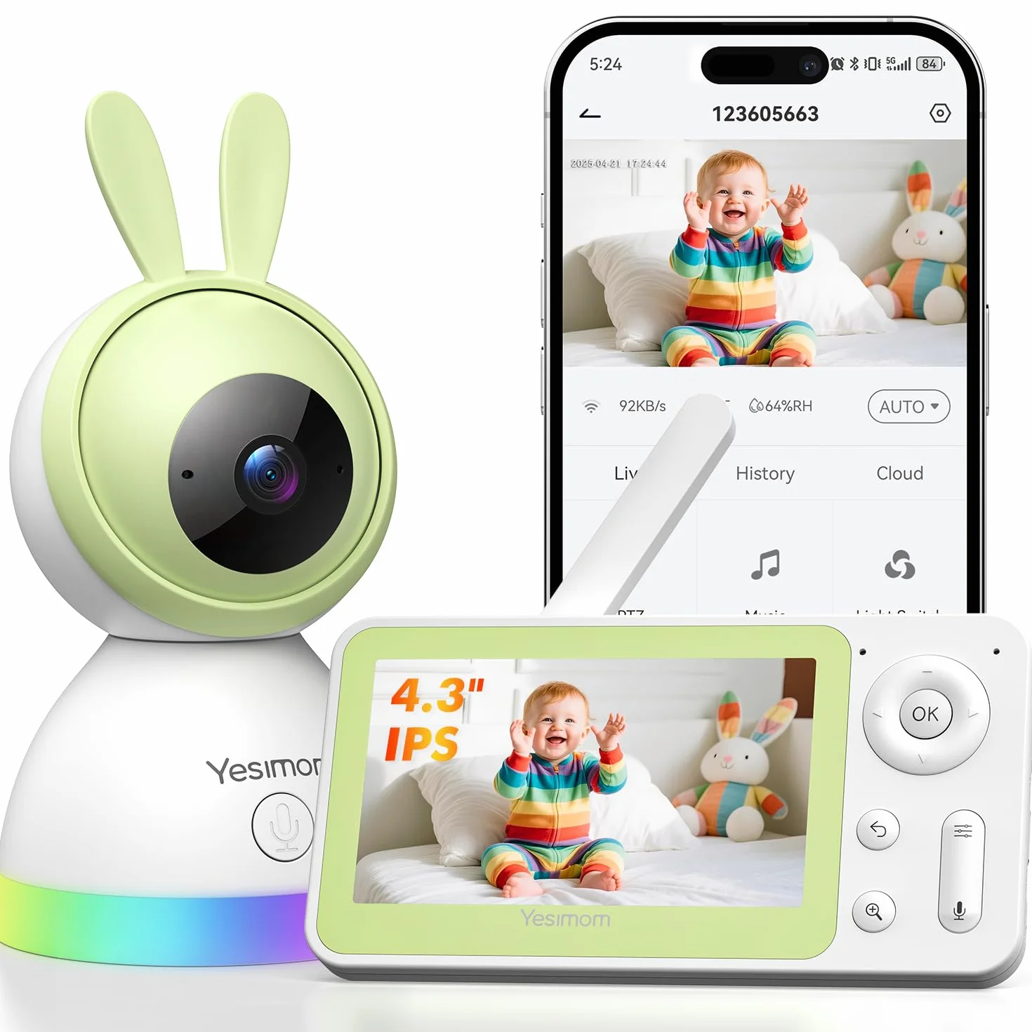 Baby Monitor WiFi 4,3" 360° PTZ Telecamera Bambini con Monitor Videocamera Neonato IPS Schermo 2500mAh Luce Notturna Controllo APP Mobile Visione Notturna Ninne Nanne