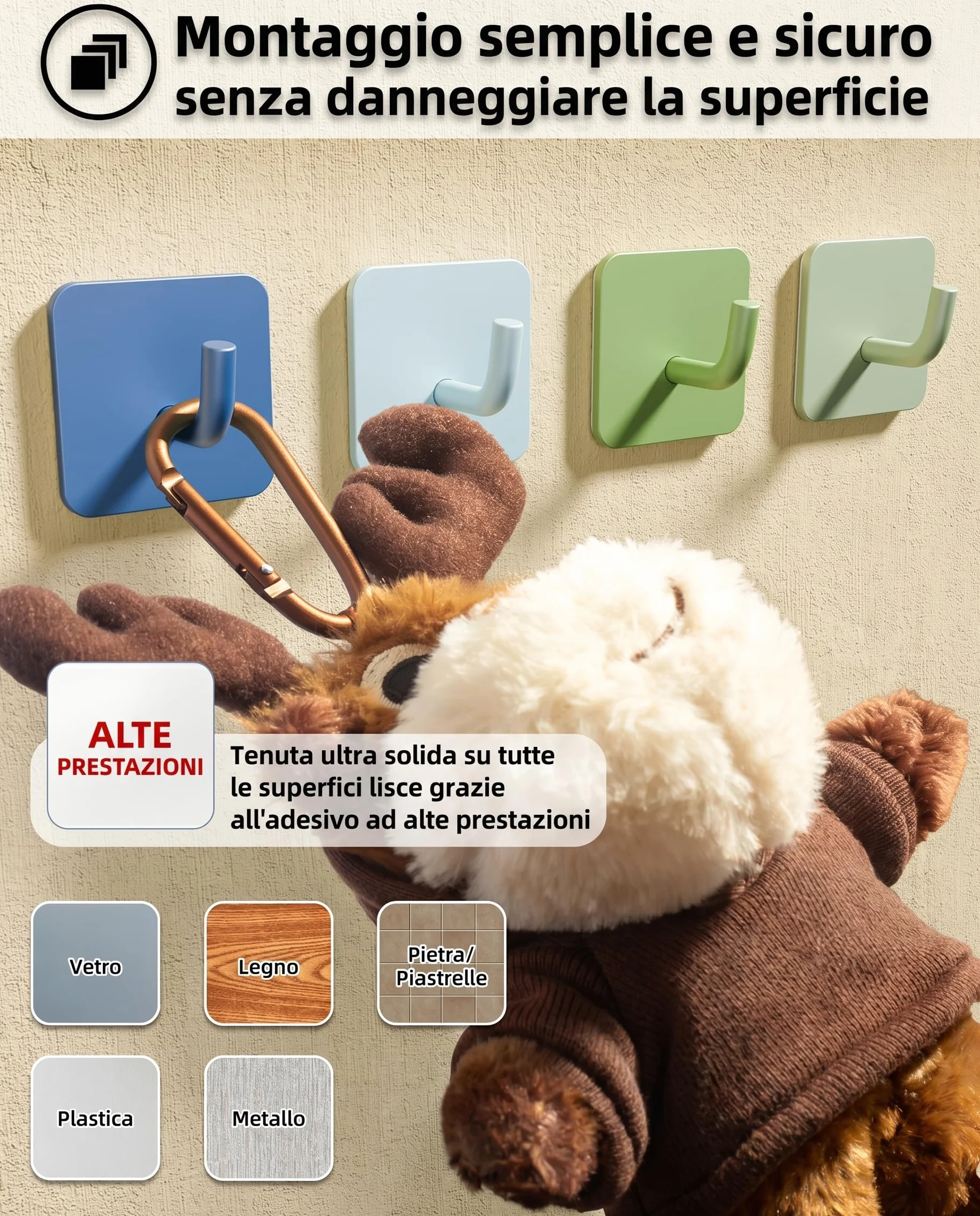 DEKAZIA Set di 4 ganci appendiabiti per bambini blu e verde adesivi da parete