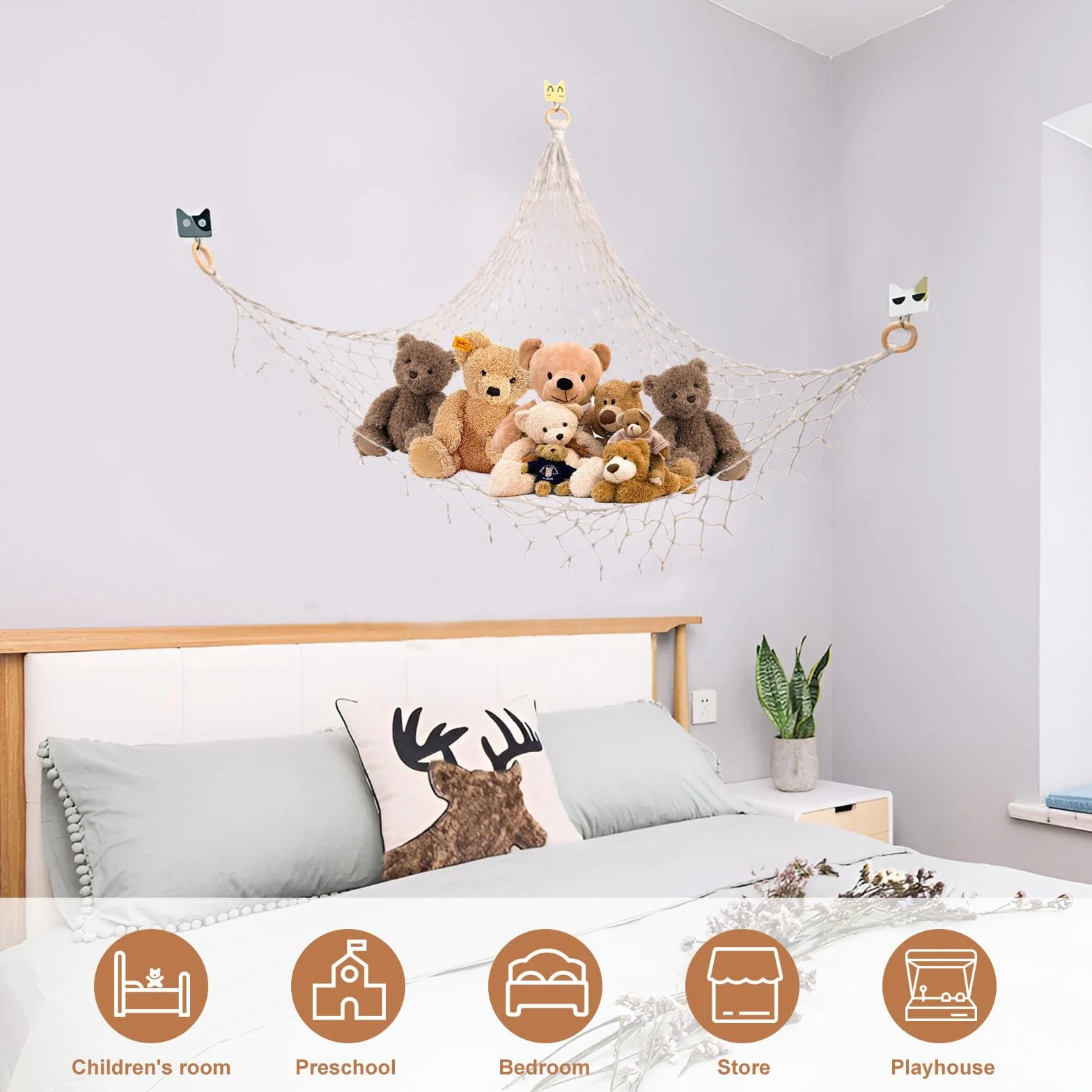Amaca di Peluche per Bambini 110x110cm Portaoggetti in Rete da Pesca con Ganci di Sicurezza