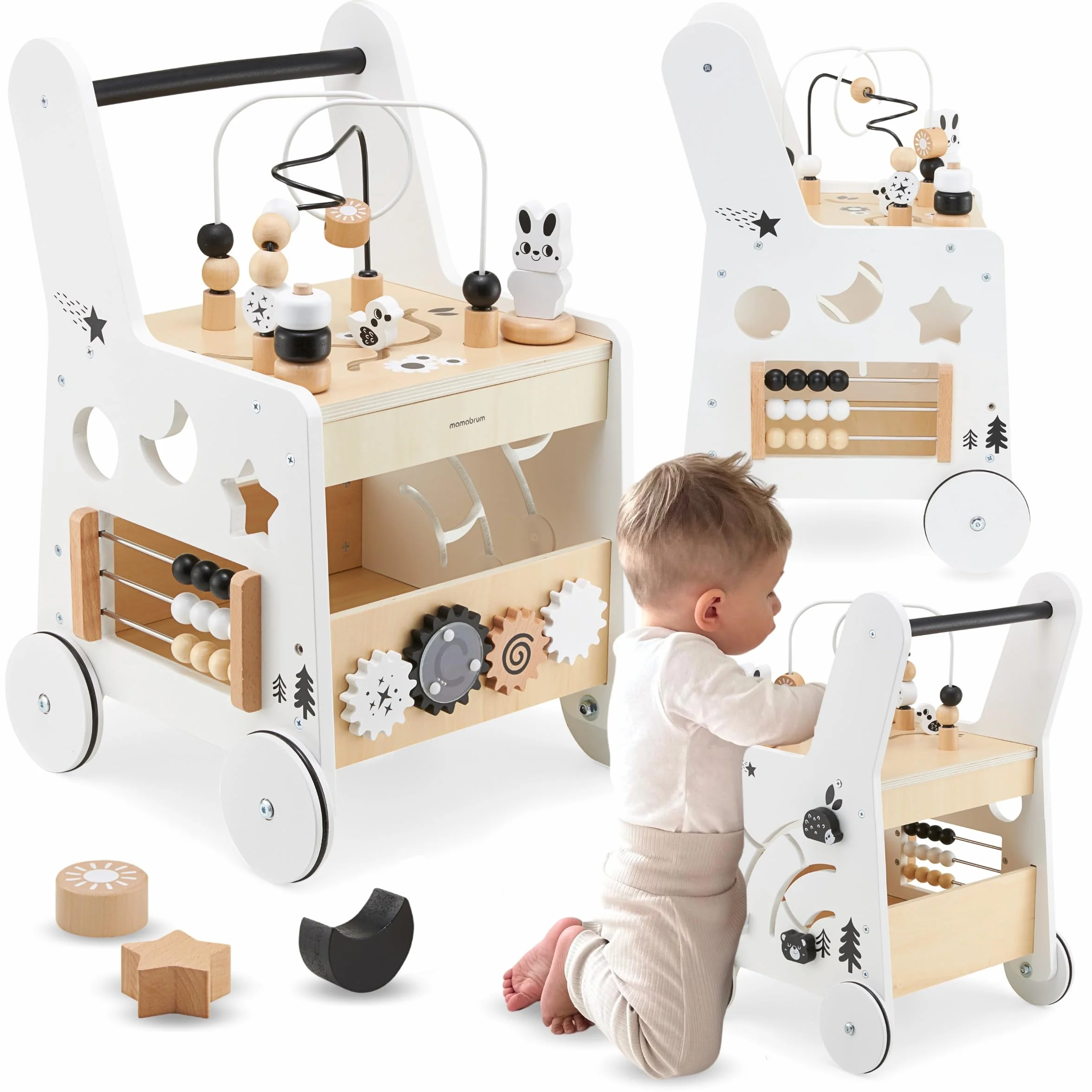 Mamabrum Primi Passi 6 w 1 Spintore Legno Tavolo Didattico Giochi Bambini Abaco Loop Motorio 31x28x49cm