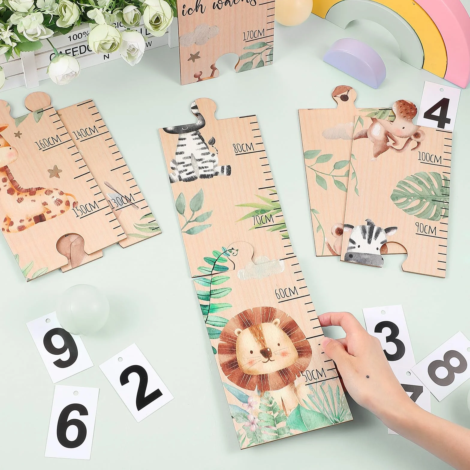 Metro da Parete per Bambini in Legno con Motivo Animali Tabella Altezza 50-180 cm Regalo di Nascita
