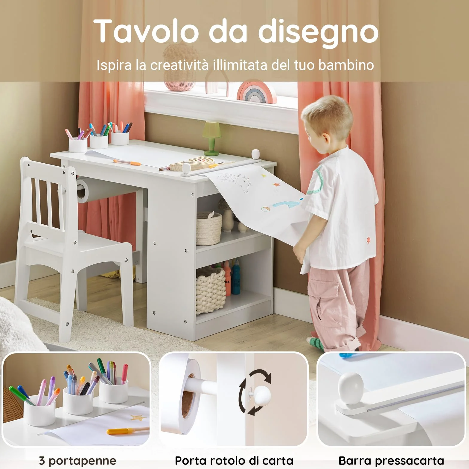 SoBuy KMB60-W Tavolino Bambini Set Tavolo e Sedie Multiattività 2 Ripiani Bianco 80x54x65,5cm
