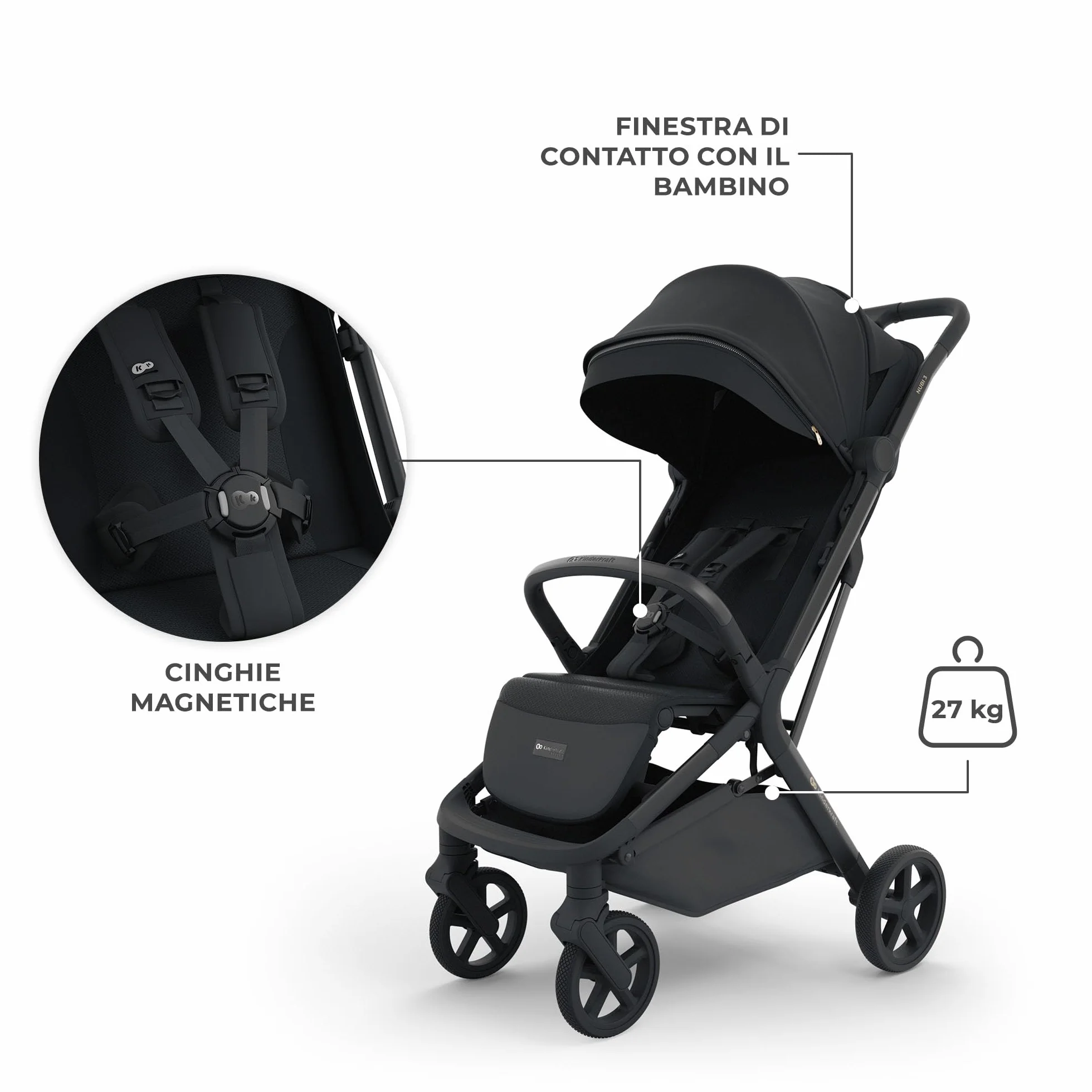 Kinderkraft NUBI 3 Passeggino Urbano 22 kg Buggy UPF50+ Leggero 8.7kg Nero