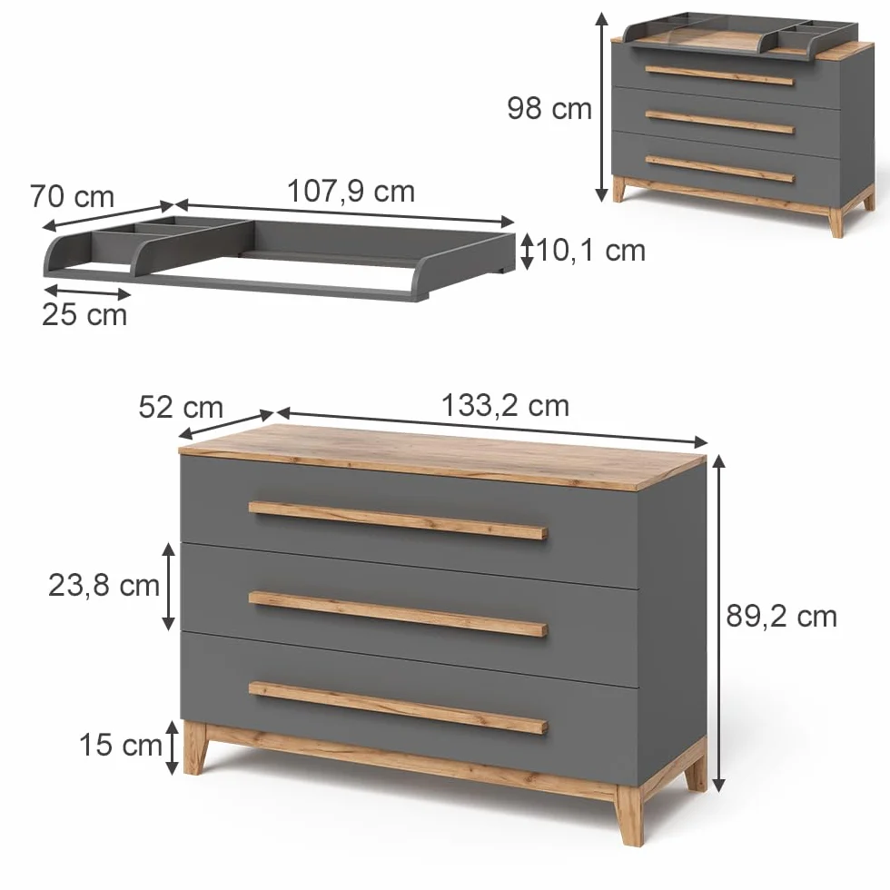 VitaliSpa Fasciatoio Malia Grigio Artisan 133.2 x 98 cm 3 cassetti rimovibile cassettiera