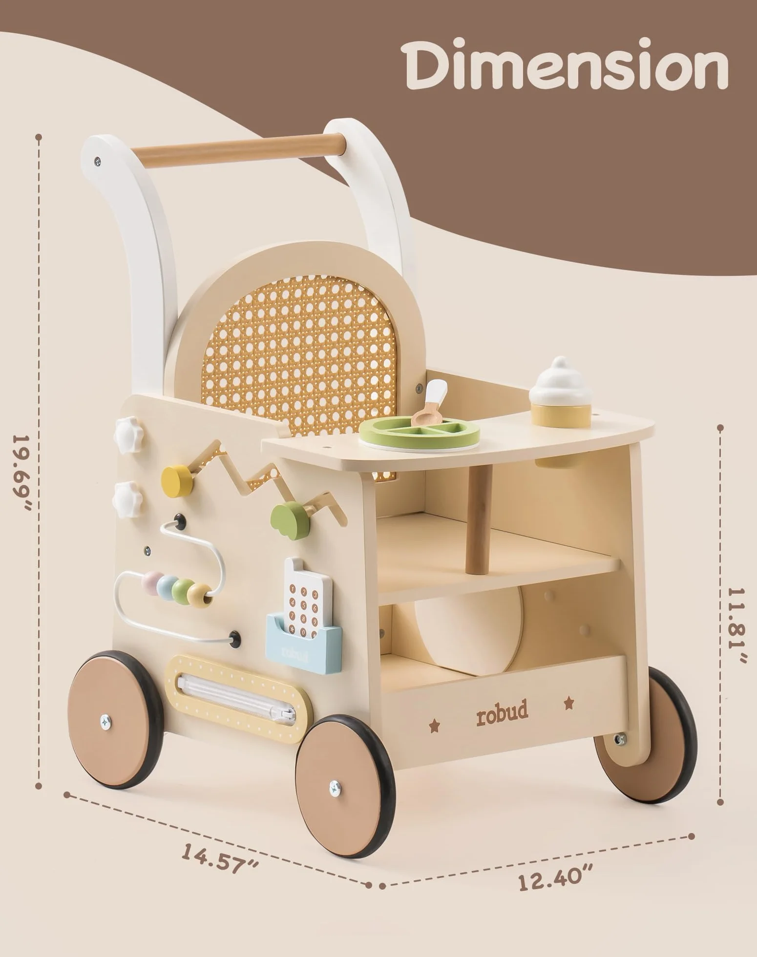 ROBUD Passeggino 2 in 1 con Pedana Montessori Busy Activity Board per Bambini 10 Mesi+