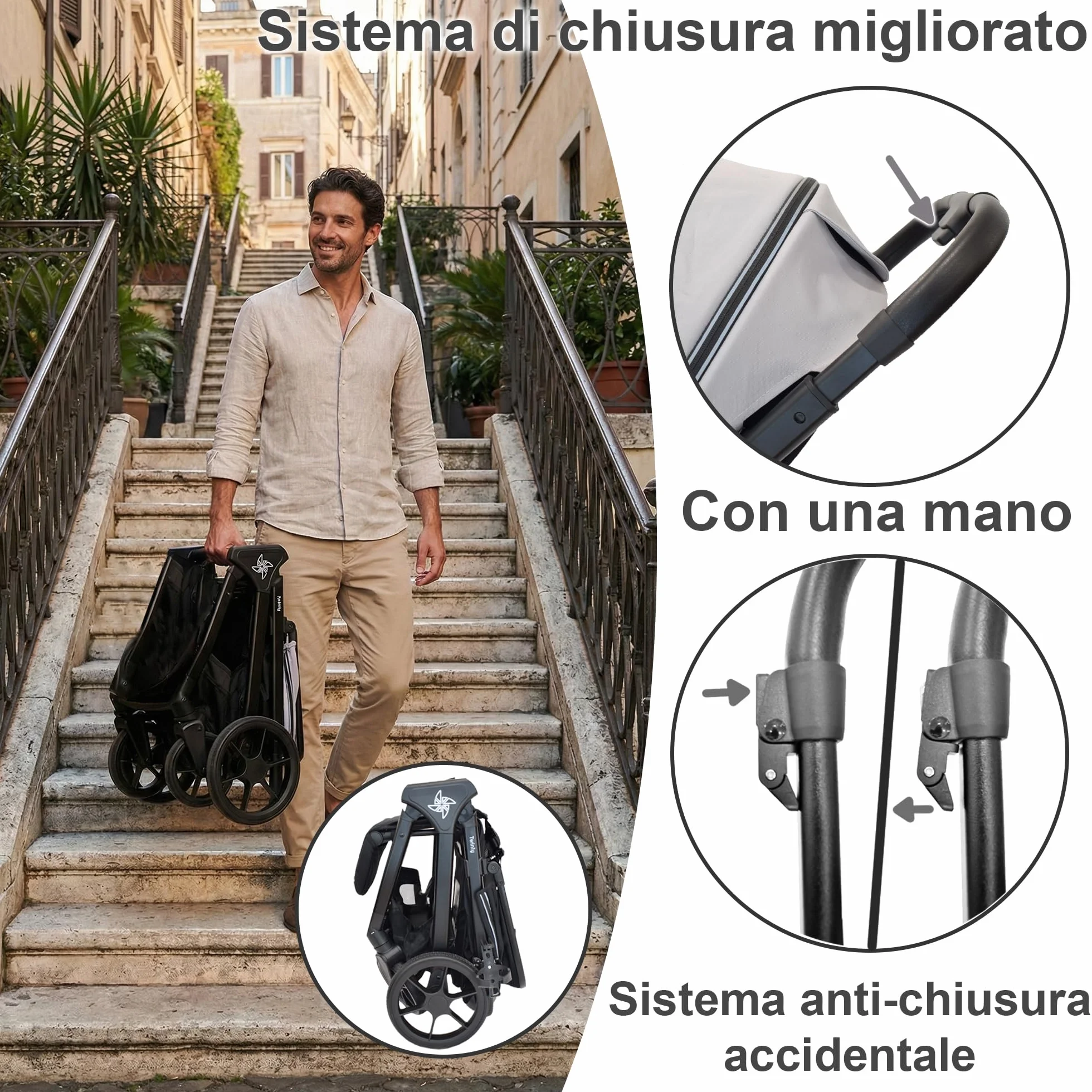 Passeggino Leggero 25 kg Portata, Pieghevole ad una Mano, Seduta Ampia, Ruote Grandi Ammortizzate, Cappottina XXL e Parapioggia Nero