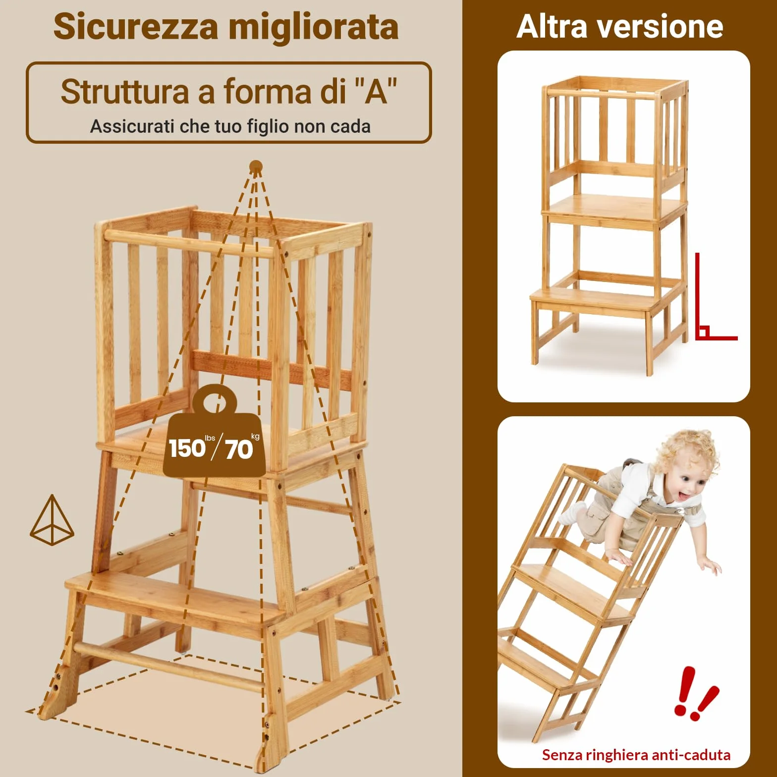 COSYLAND Torre Montessoriana per Bambini 18-36 Mesi - Torre di Apprendimento con Struttura a A Antiribaltamento, Legno Naturale