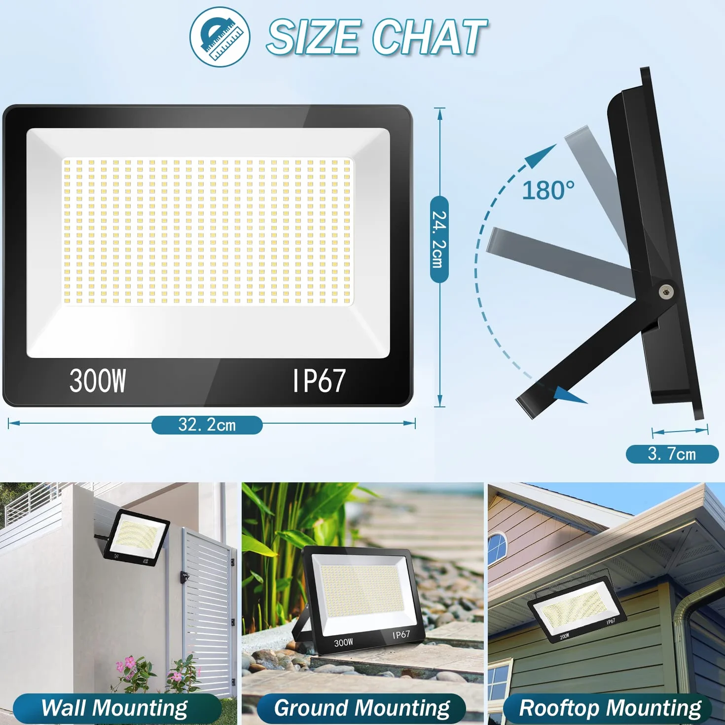 YIQIBRO Faretto LED da Esterno 300W, 30000LM 6500K Super Luminoso Bianco Freddo Faro LED Esterno con Trasformatore, IP67 Impermeabile Luce di Sicurezza per Giardino Garage Fabbrica Stadio Terrazza