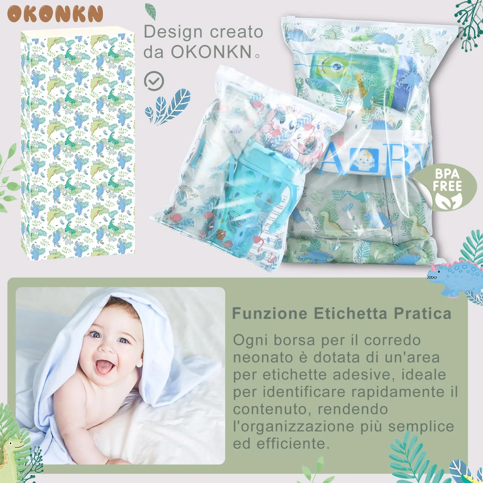 OKONKN Bustine Corredino Neonato Ospedale Sacchetti Cambio Riutilizzabili Asilo Viaggi Idea Regalo Future Mamme Dinosauro Flamingo