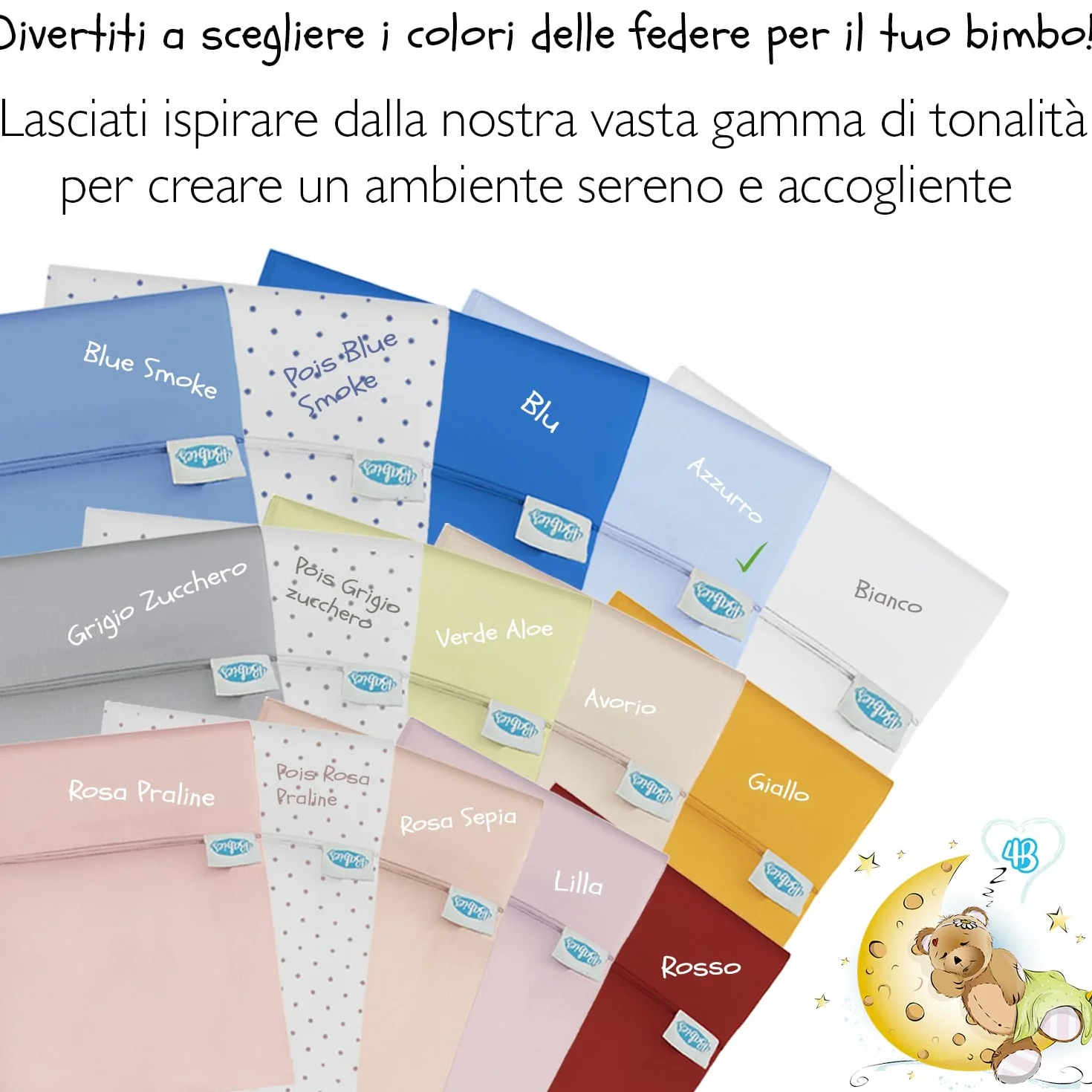 Federe Cuscino 40x60 Bambino Set 2 Puro Cotone Made in Italy OEKO-TEX Biancheria da letto Azzurro