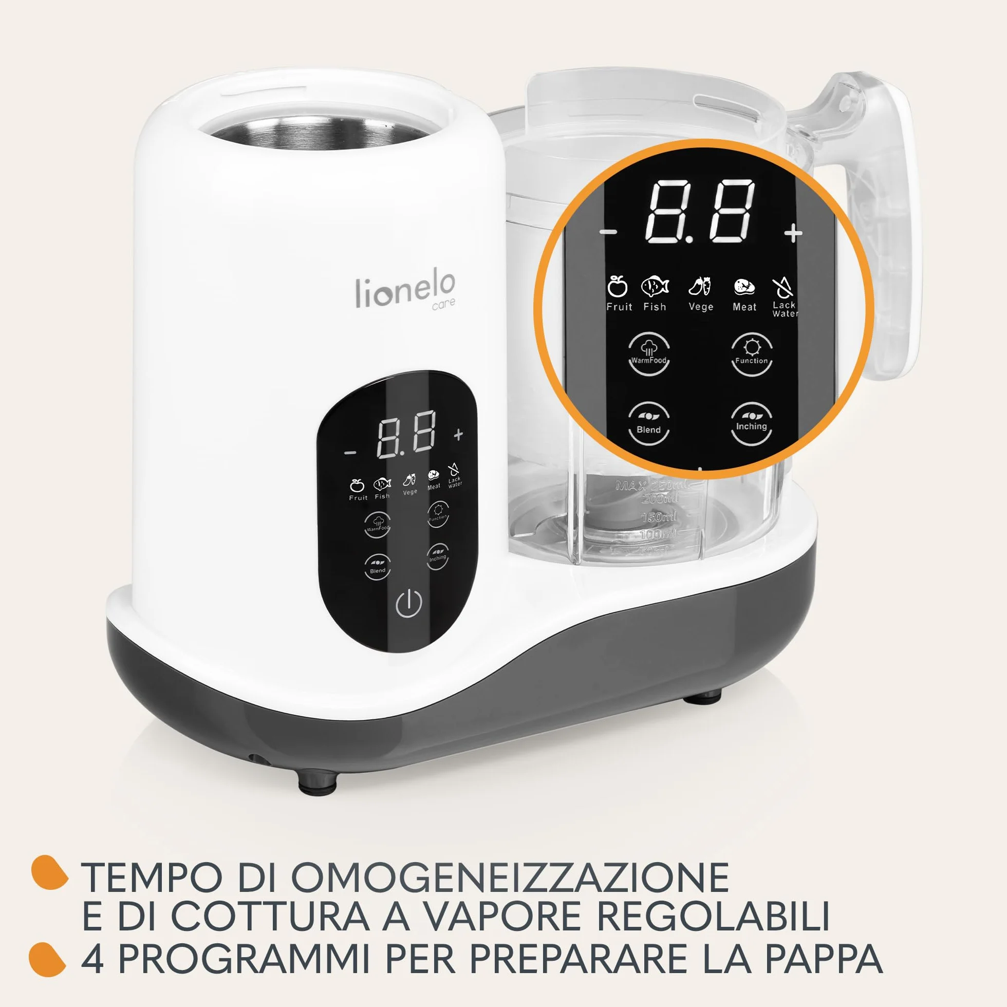 Lionelo BABYMENU 5in1 Robot Cucina e Scaldabiberon per Bambini: Cottura a Vapore, Frullatura, Riscaldamento, Scongelamento, Sterilizzazione, Senza BPA, 35 Ricette