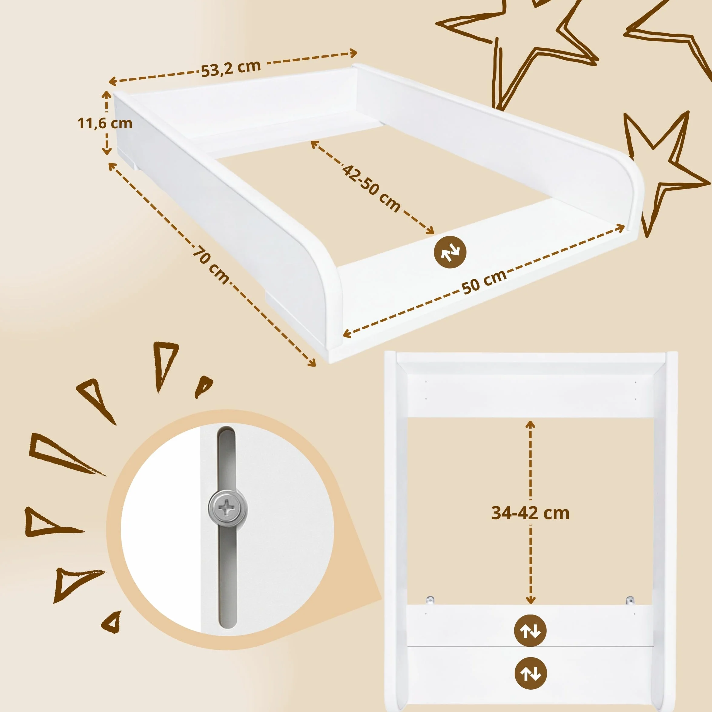 Fasciatoio per comò regolabile estensibile 34–50 cm, Bianco 53,2 x 70 cm