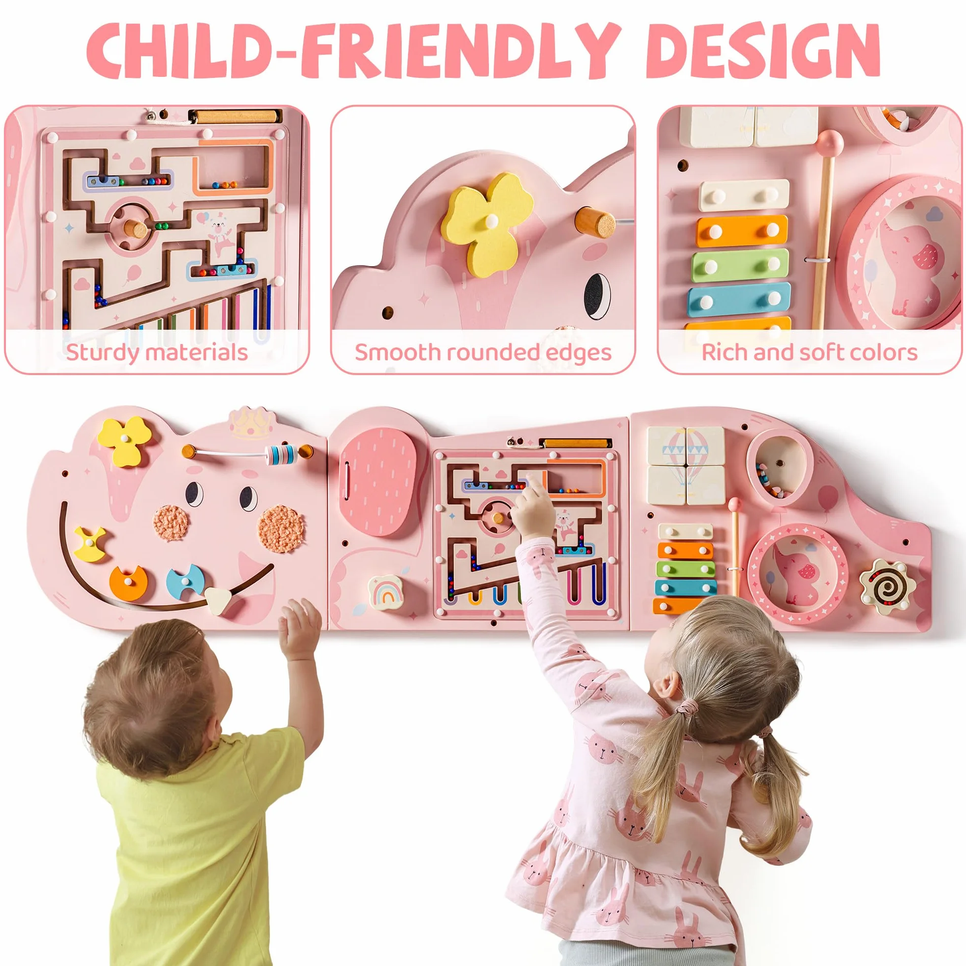 Montessori Tavola Motorizzata in Legno 11 in 1 Busy Board Giocattolo da Parete per Bambini 18 Mesi Rosa