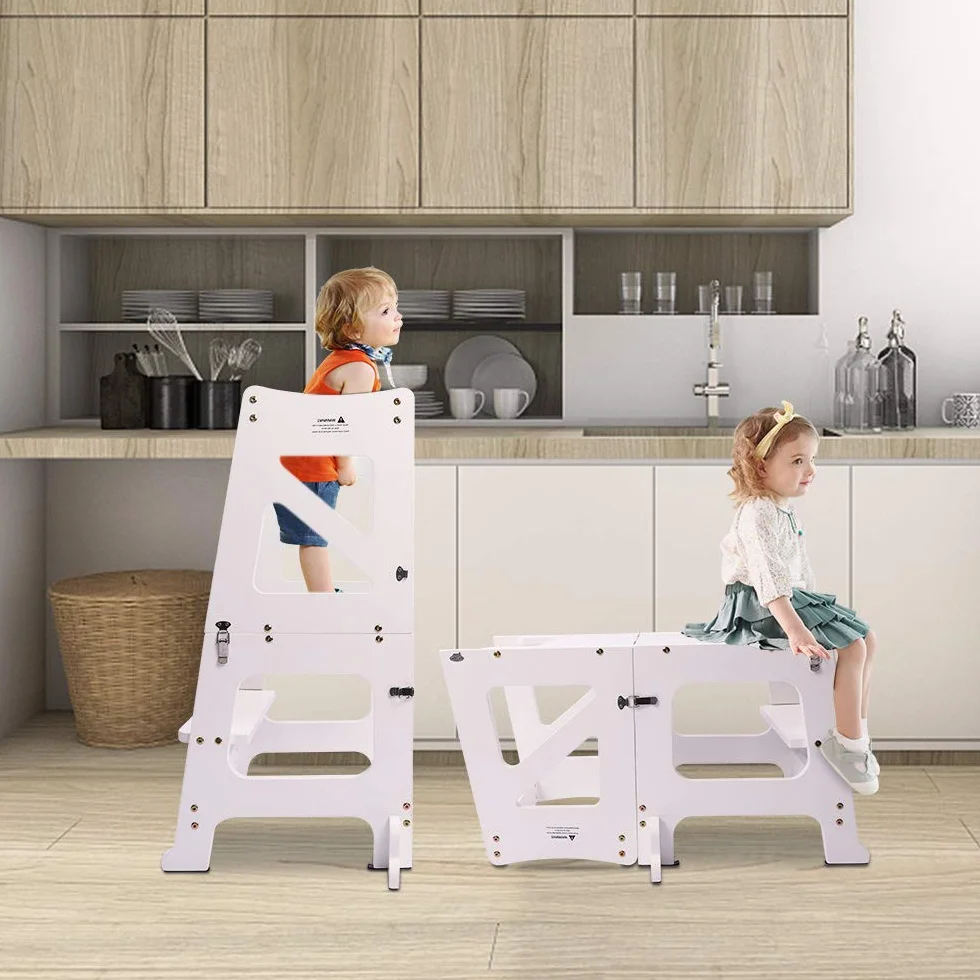 YOLEO Torre Montessoriana Bambini 3 in 1 Pieghevole Multifunzionale Learning Tower con Lavagna Magnetica Bifacciale Bianco