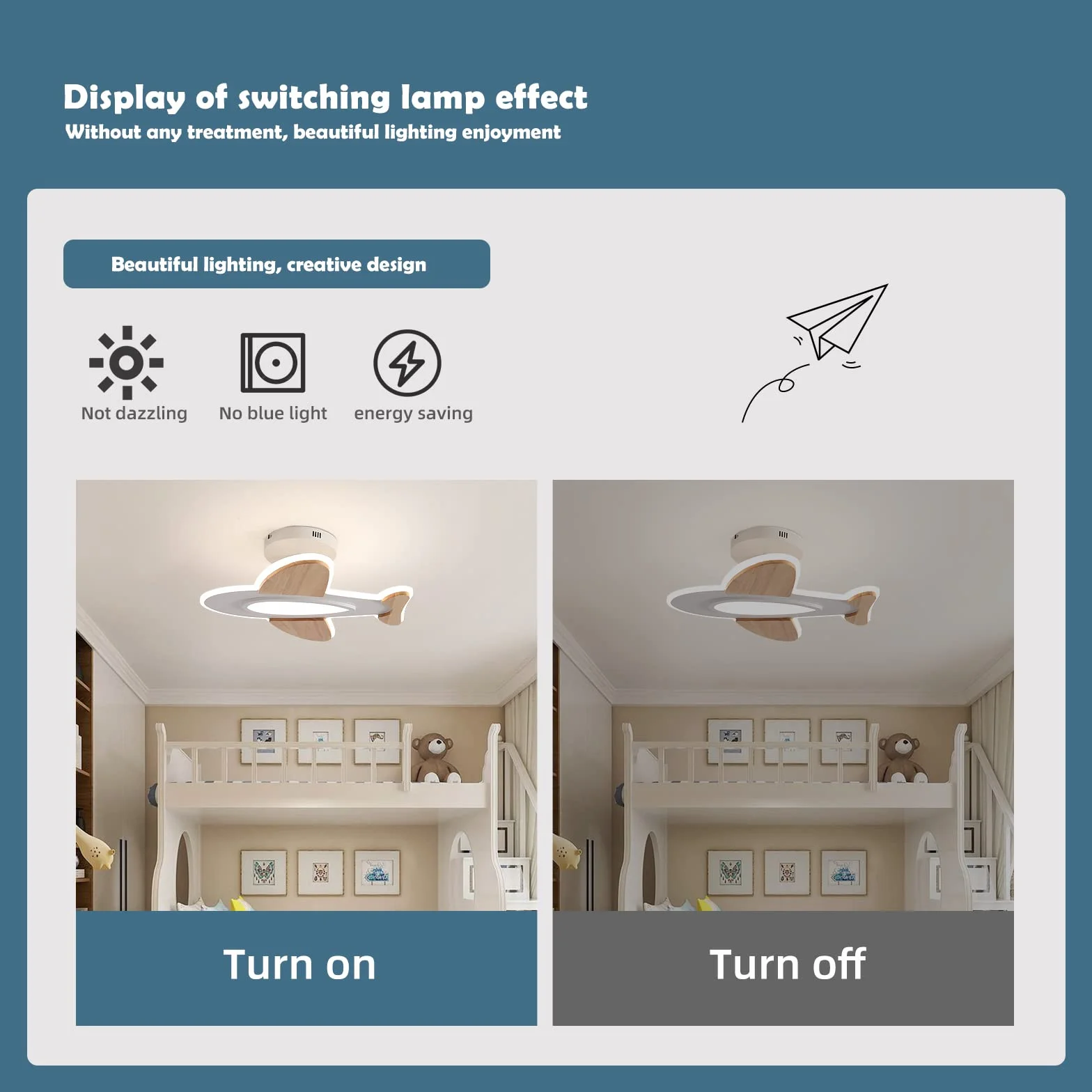 Lampada Da Soffitto A LED Da 35 W Per Pamera Dei Bambini, A Forma Di Aeroplano, Dimmerabile, Con Telecomando, 50 x 45 CM,2700-6500 K,Bianco E Legno Accessori Lampada Da Soffitto