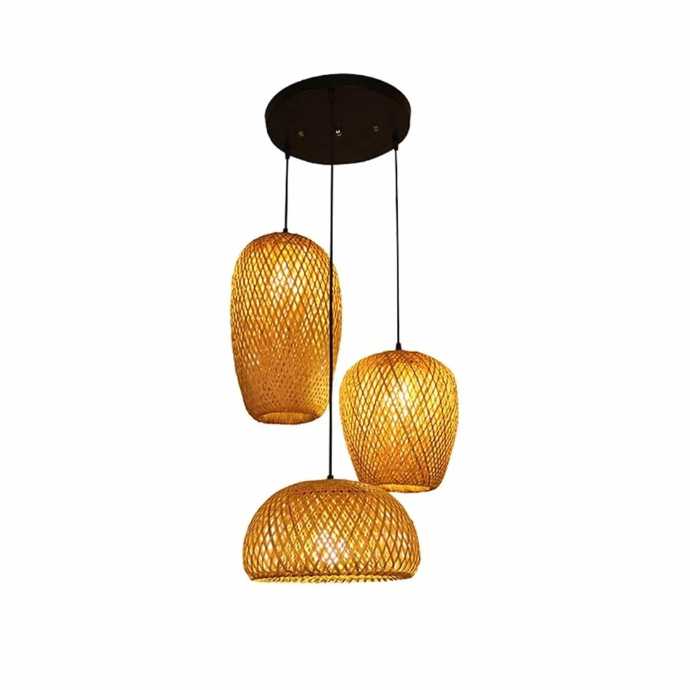 JOJOM Retro Bamboo Pendant Light E27 Lanterna di bambù naturale Rattan intrecciato a mano Tre pezzi Altezza regolabile Luce appesa Lampadario a soffitto per sala da pranzo Camera da letto Bar Illumina