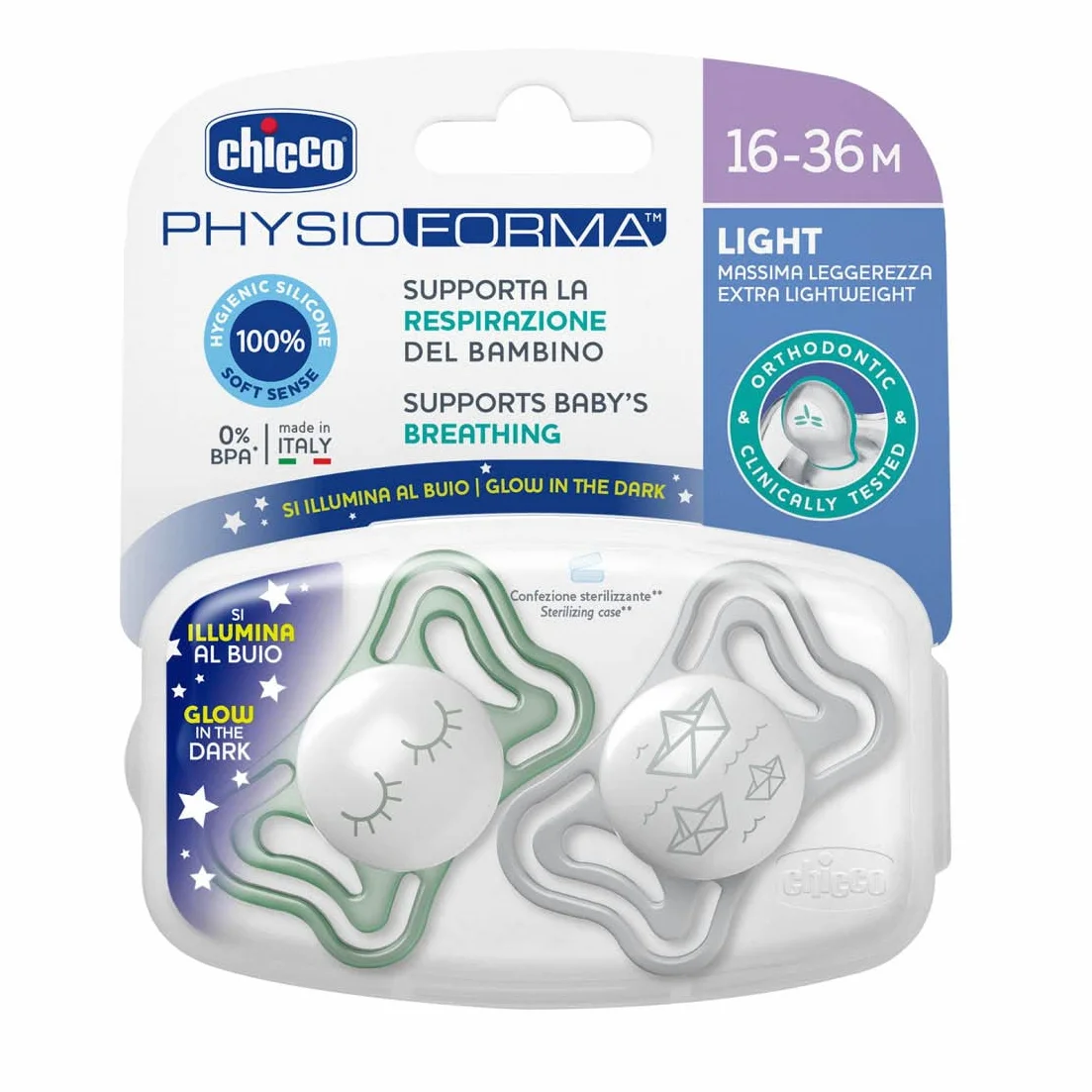 Chicco PhysioForma Light Lumi Succhietto Luminescente 16-36 Mesi Silicone 2 Pezzi