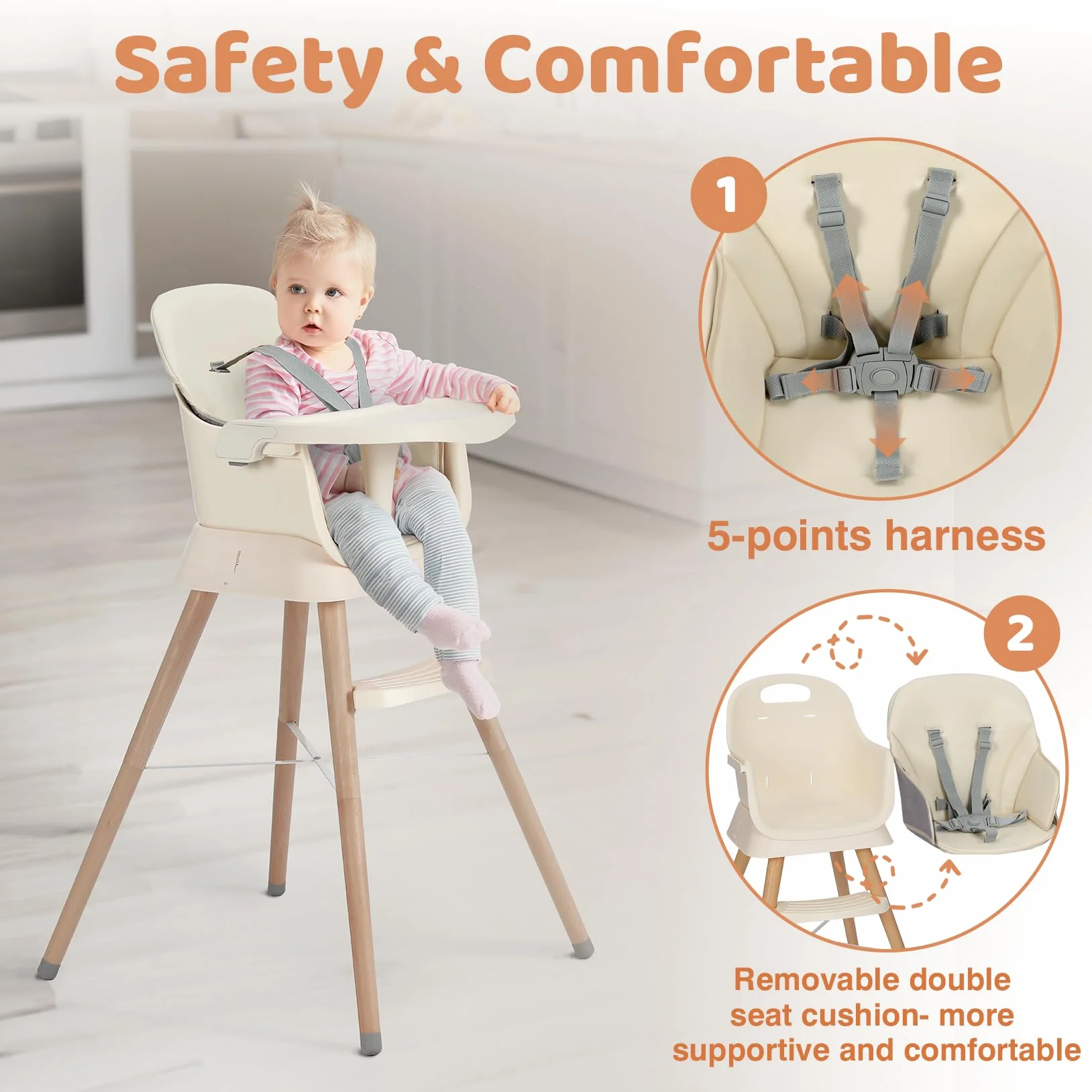 Seggiolone Pappa 6 in 1 Convertibile in Rialzo Sedia Bambino con Gambe in Legno, Cintura 5 Punti, Vassoio Rimovibile, Beige