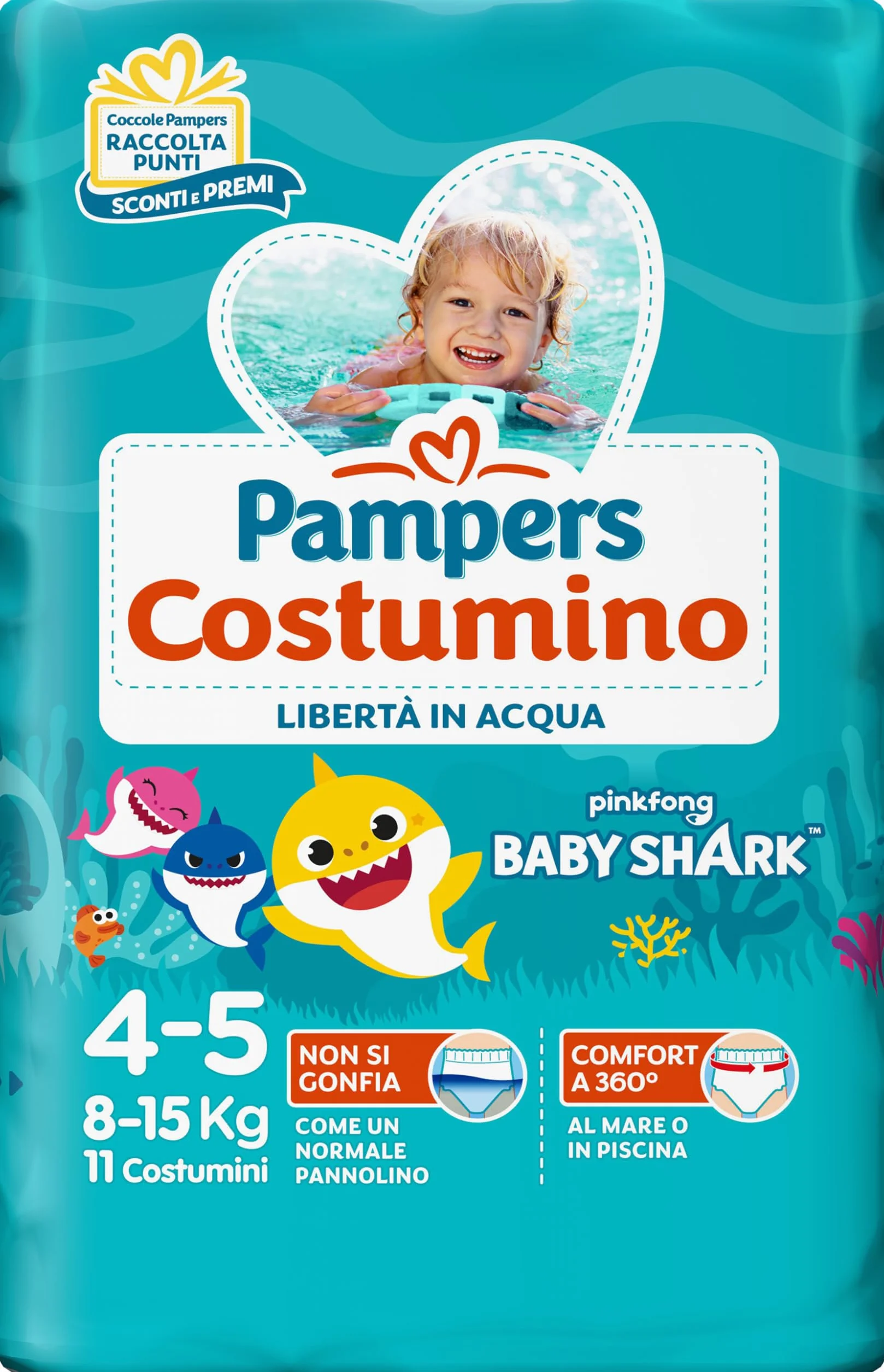Pampers Costumino Taglia 4 (8-15 kg) Doppia Barriera Laterale Anti-Fuoriuscita Mare e Piscina Baby Shark 11 Pannolini