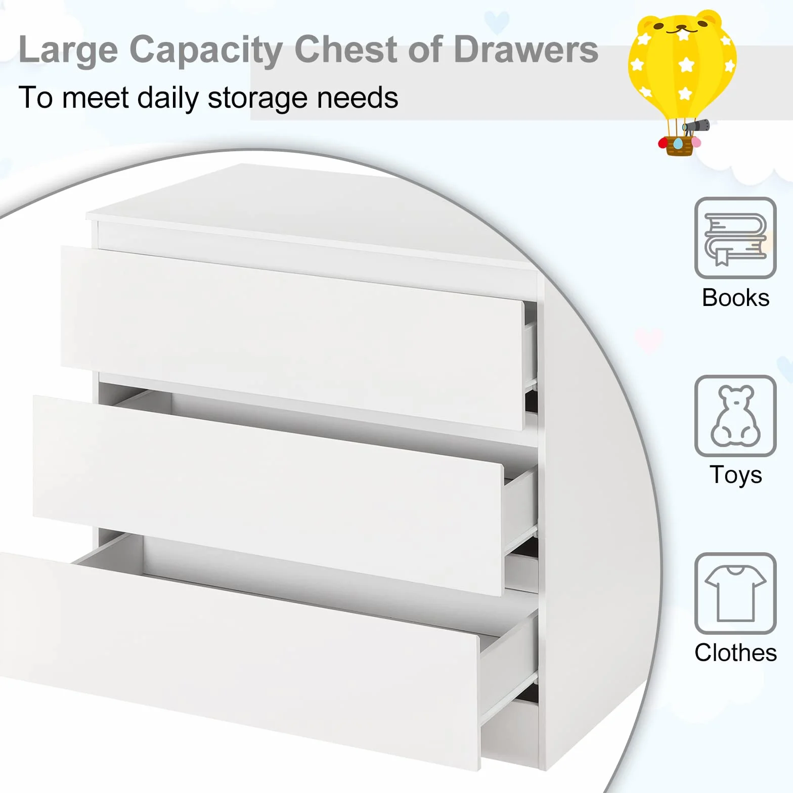 WOLTU Cassettiera con Fasciatoio per Bambini, 3 Cassetti, MDF, Truciolare e Metallo, Bianco + Bianco Lucido
