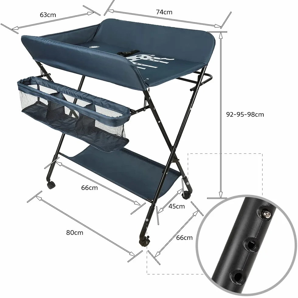 Fasciatoio Pieghevole con 4 Ruote Freno, Portatile Multifunzionale, 3 Regolabile in Altezza, Blu Navy