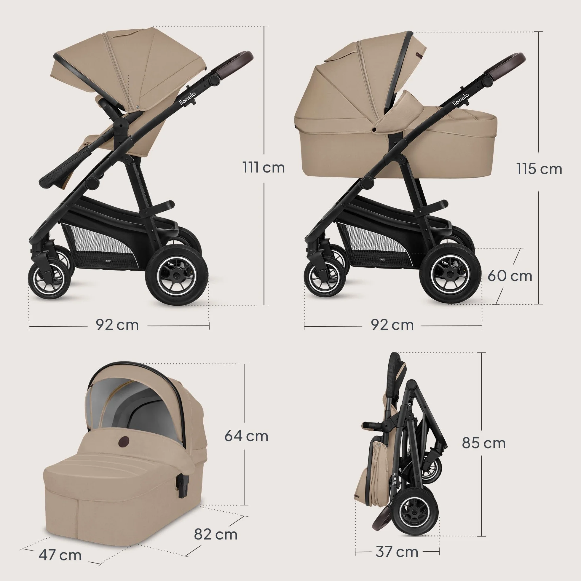Passeggino 3 in 1 per Bambini 0-48 mesi, Sistema Modulare con Seduta, Navicella, Ovetto Neonato, Leggero, Pieghevole, Ruote Grandi, Cappottina XXL UPF50+