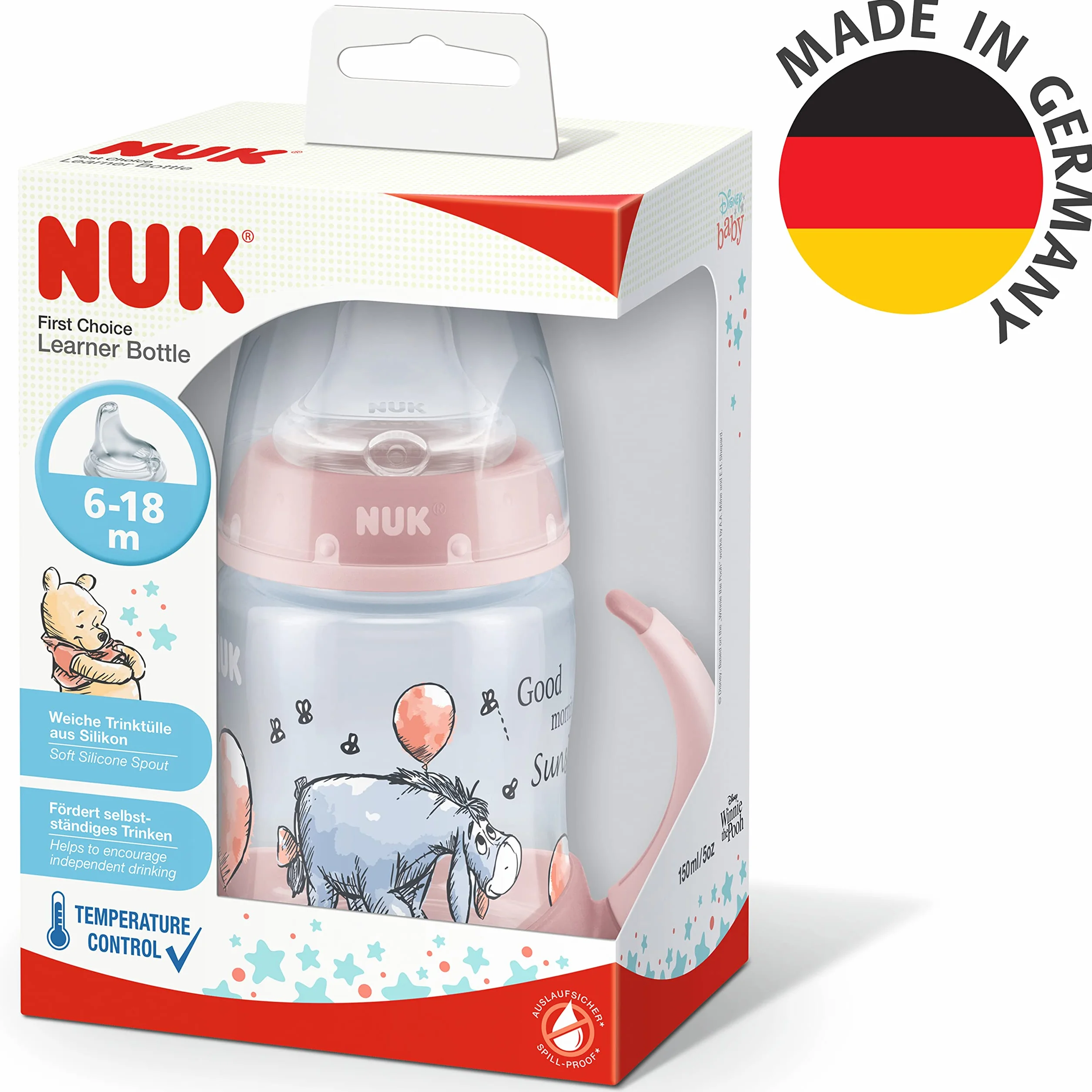 NUK First Choice Bicchiere Antigoccia 150ml 6-18 Mesi Beccuccio Silicone Anti-Colica Winnie the Pooh Rosa