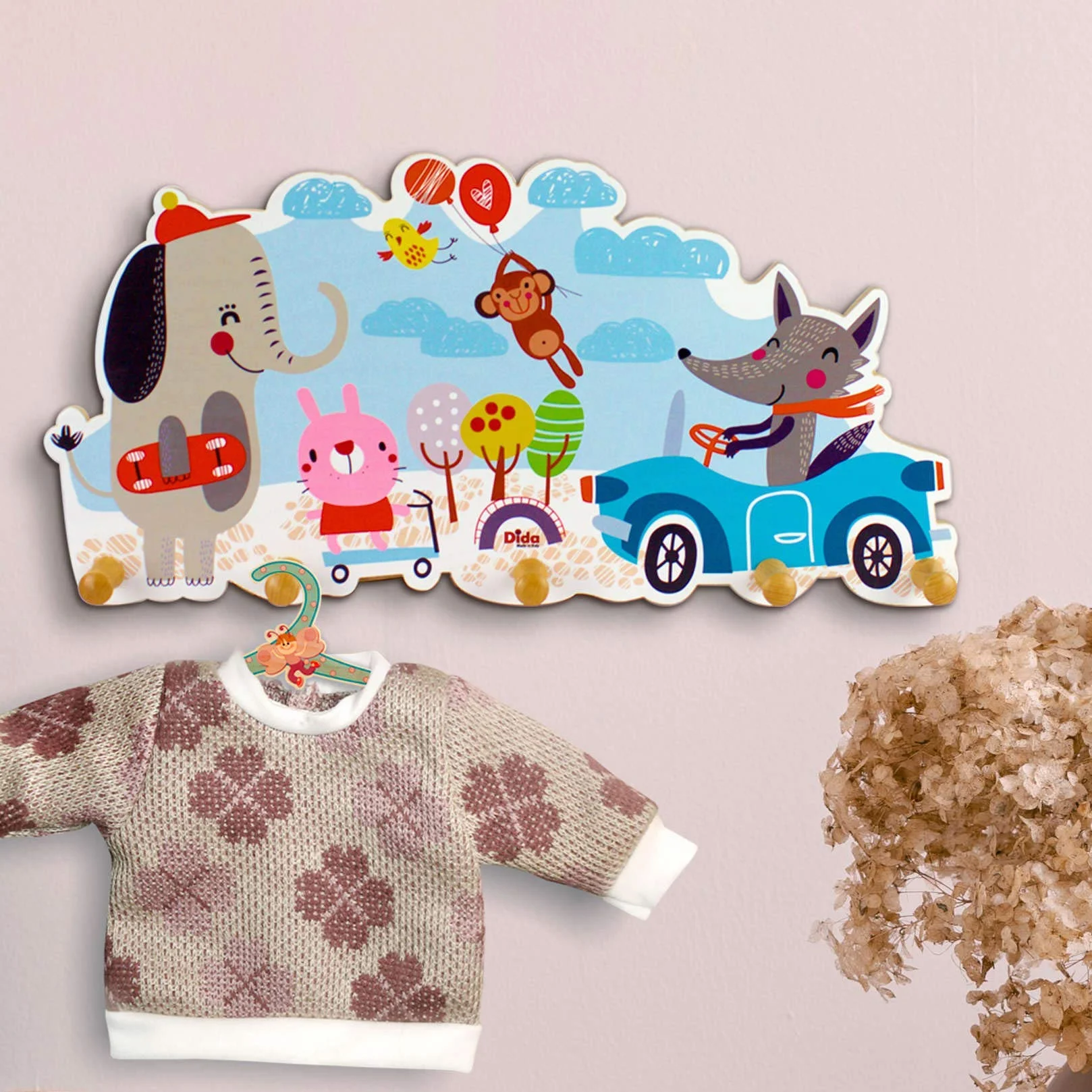 Dida Animaletti al Parco Attaccapanni da Parete per Bambini in Legno Stile Montessori
