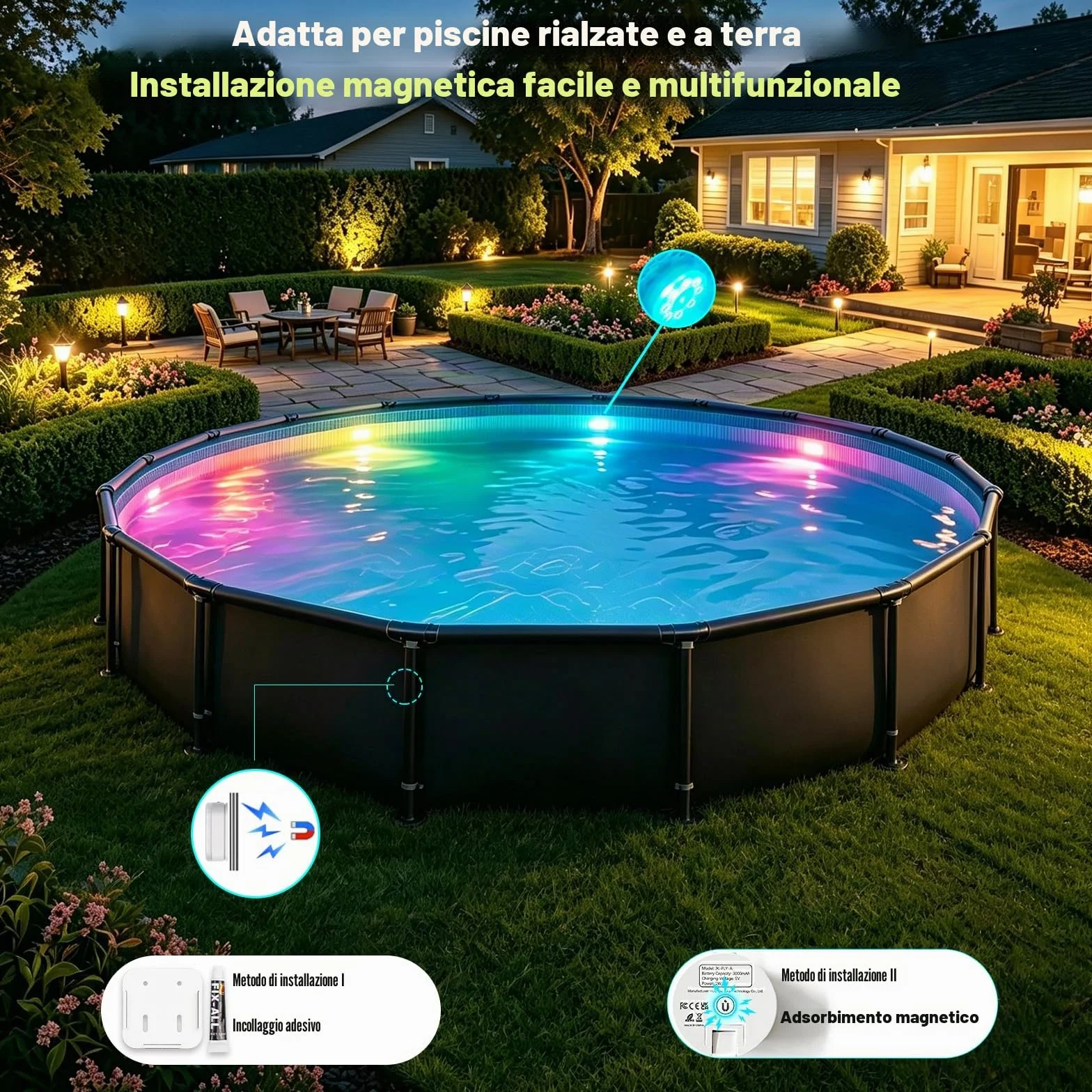 Idyl Light Luci sommergibili ricaricabili per piscina, con telecomando e funzionamento a batteria, LED colori vari, magnetizzate, luci galleggianti