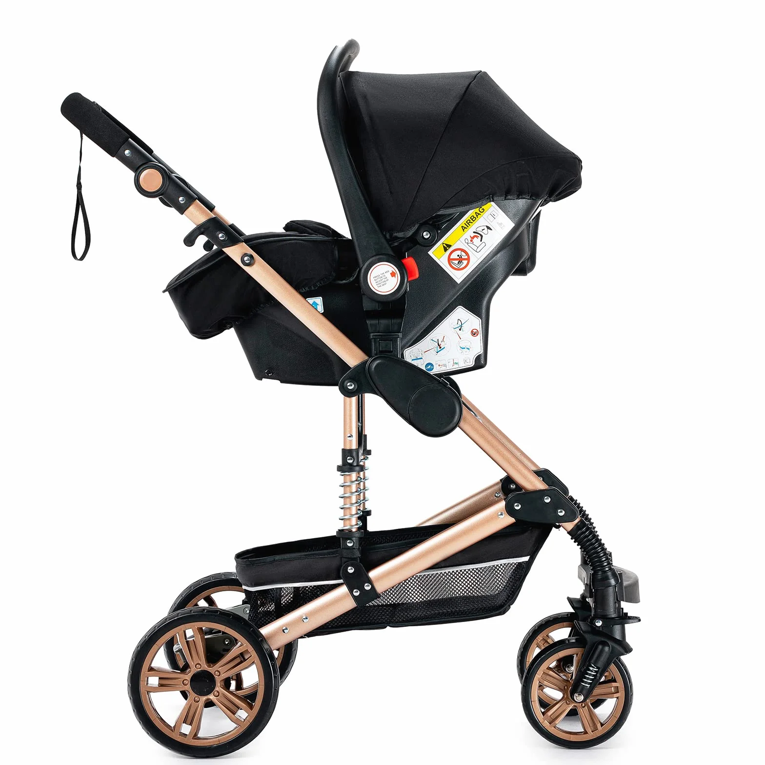 Passeggino 3 in 1 Triciclo Girello Passeggino Alto Paesaggio Pieghevole Carrozzina Bambini 0-36 Mesi Nero Oro
