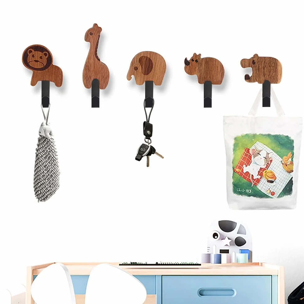Ganci da Parete in Legno Autoadesivi per Bagno 5PCS Appendiabiti Bambini