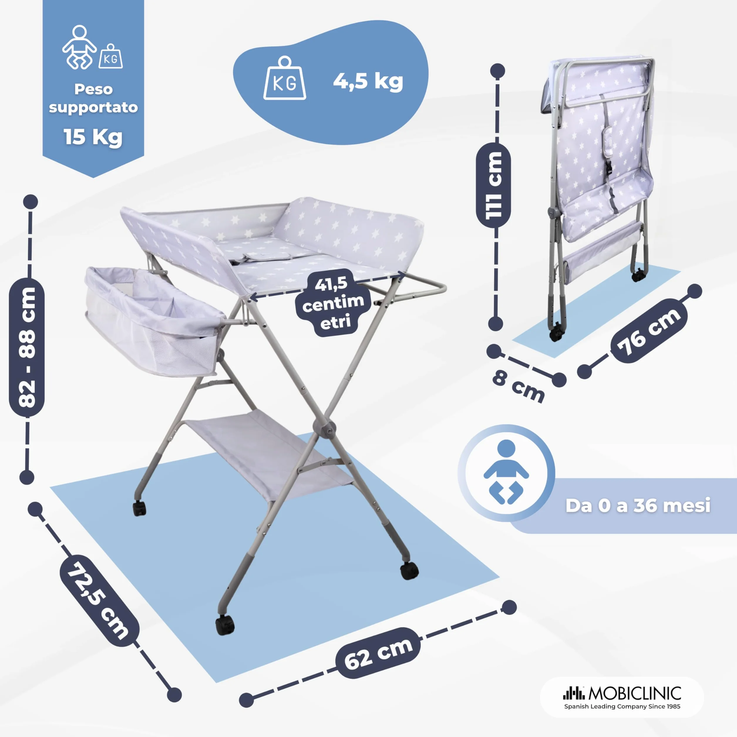 Mobiclinic Fasciatoio pieghevole per Neonati, Altezza Regolabile, Fino a 15 kg, 0-36 Mesi, Ruote a 360° Freno, Lavabile
