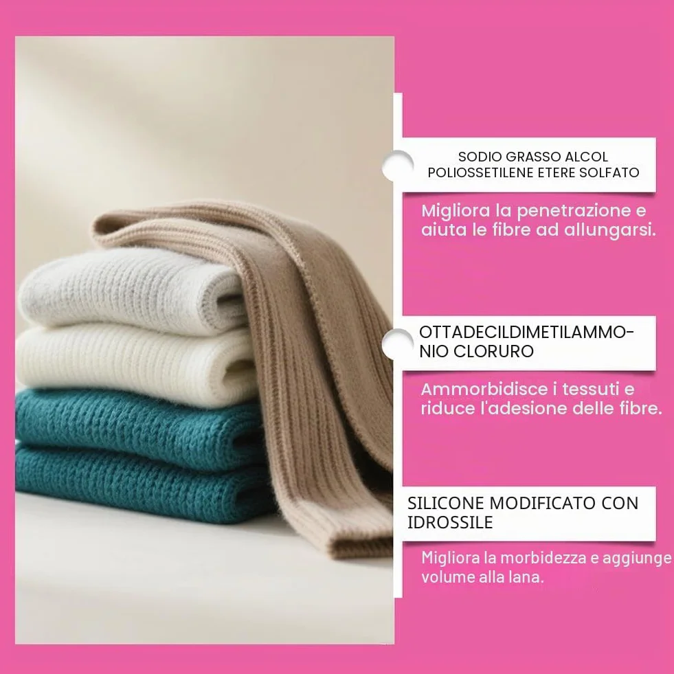 Soluzione riparatrice restringente per maglioni di lana 100 ml, ripristina tessuti lana e cashmere, trattamento nutriente