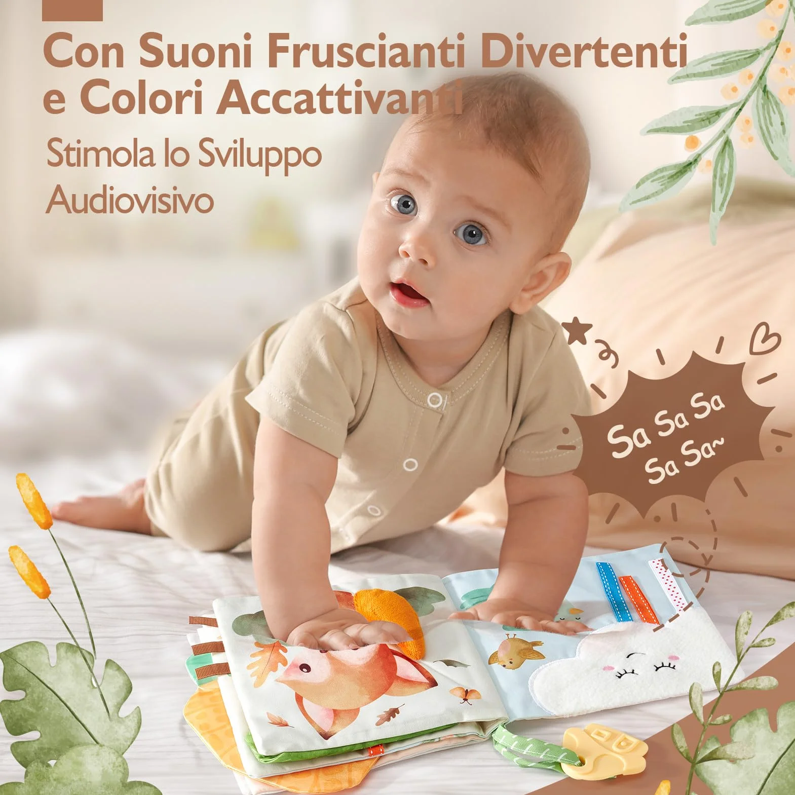 hahaland Libri di Stoffa Neonati 0-6 Mesi - Morbidi Animali Interattivi Libretto Tattile con Specchio - Giochi Sensoriali per Bimbo Bimba