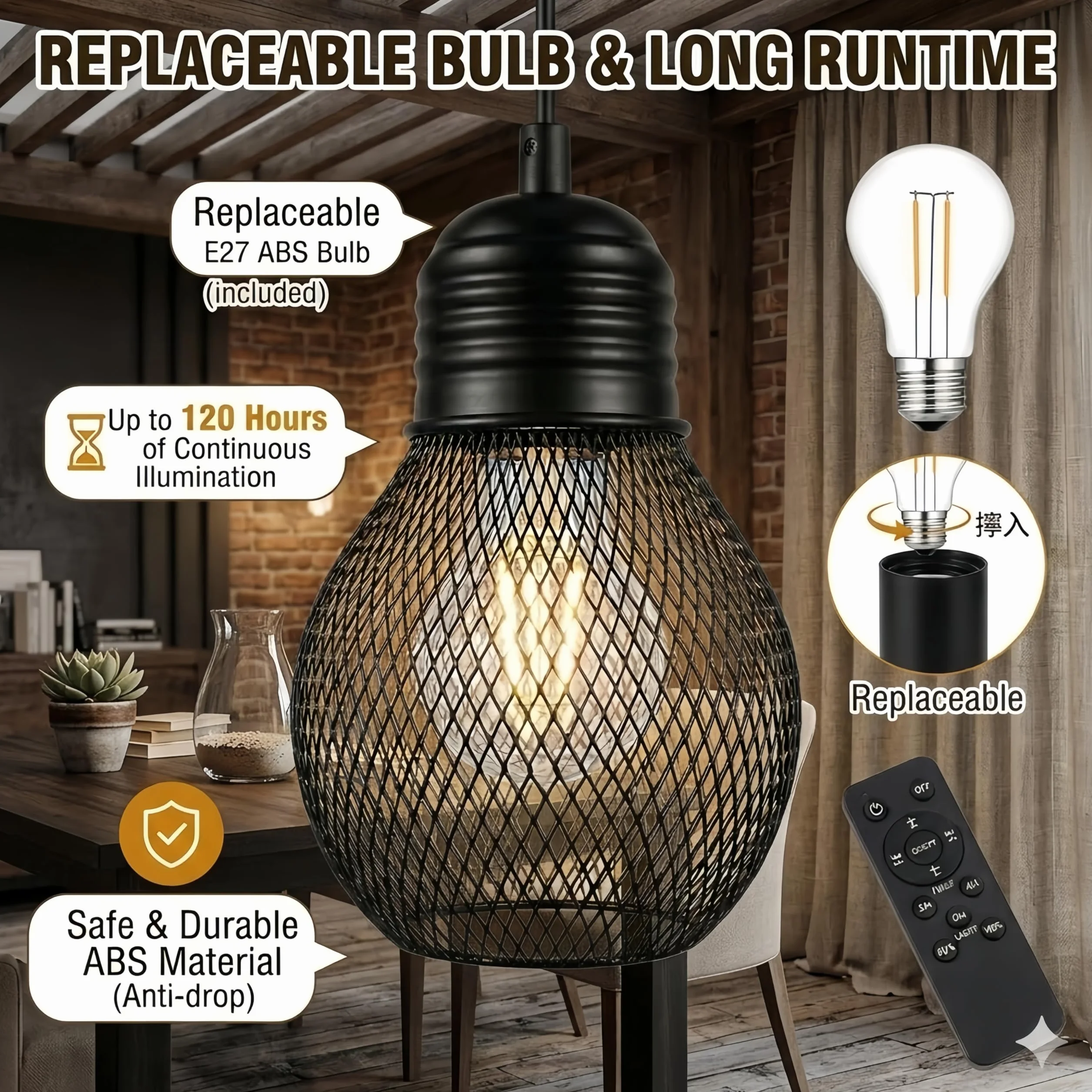 Lampada a sospensione a batteria con telecomando impermeabile, 4 batterie AA, per gazebo, pergolato, portico, patio, interno/esterno, nero