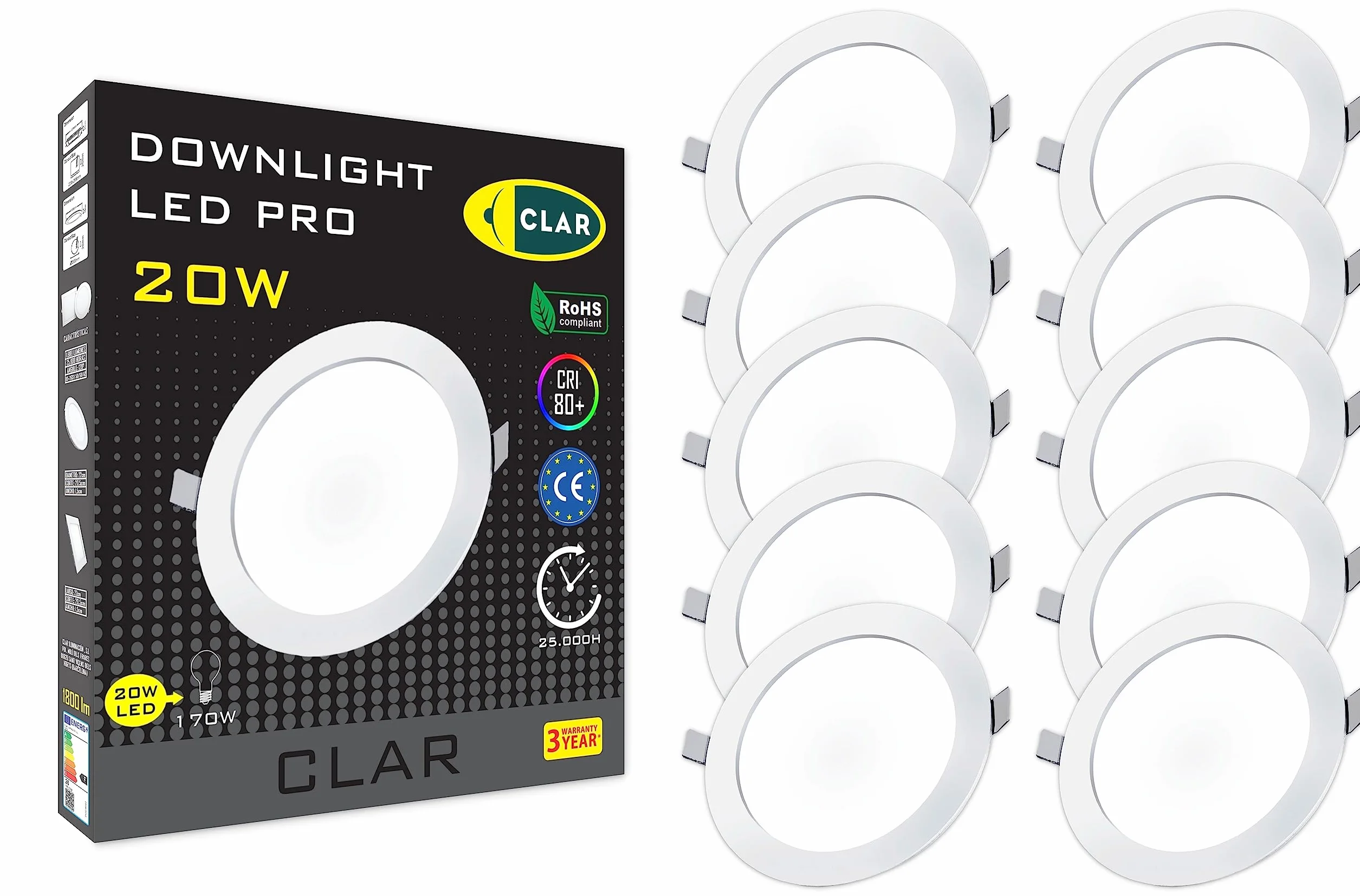 CLAR - Faretti LED da Incasso per Cartongesso, Faretti a LED da Incasso, Faretto Incasso, 4000ºK 20W Garanzia di 3 anni (Pack 10)