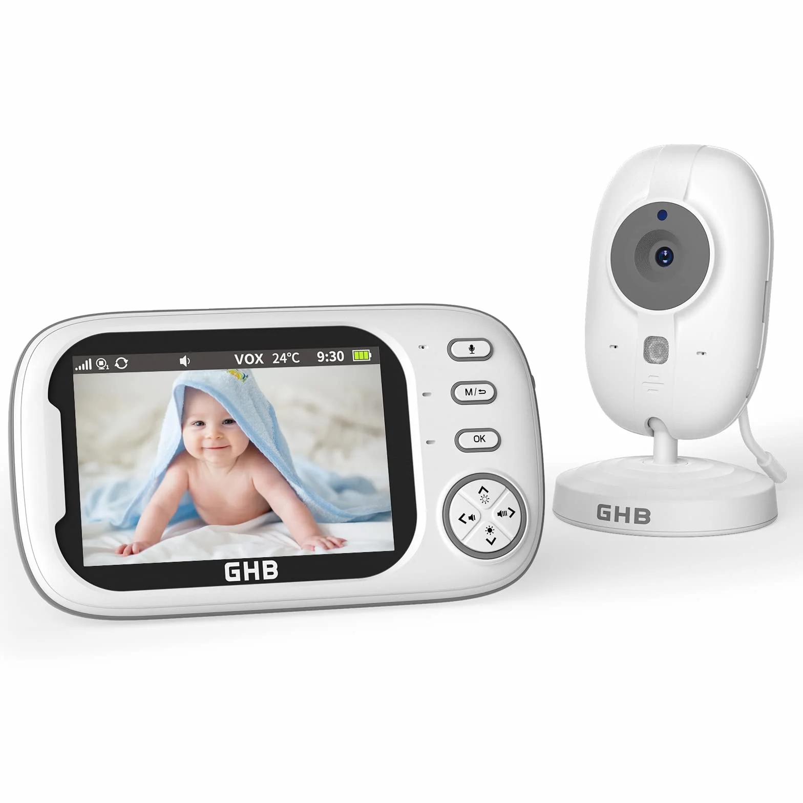 GHB Baby Monitor 3.5'' 720HD Kamera z Audio, 2000mAh, Komunikacja Dwukierunkowa, VOX, Nocne Widzenie, Monitorowanie Temperatury
